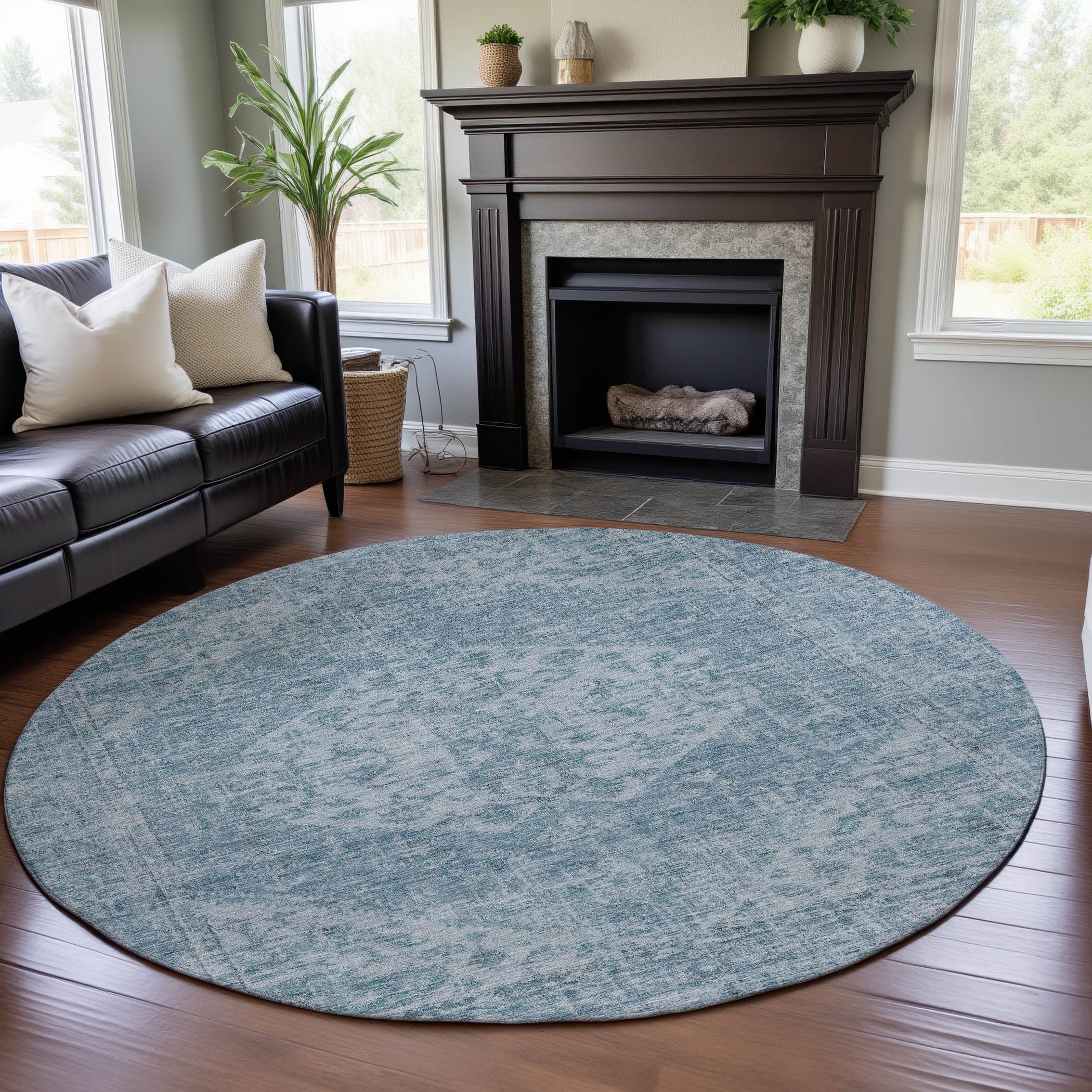 Porto Machine Washable Traditional Sky Blue Rug 8' x 8' #shape_Round