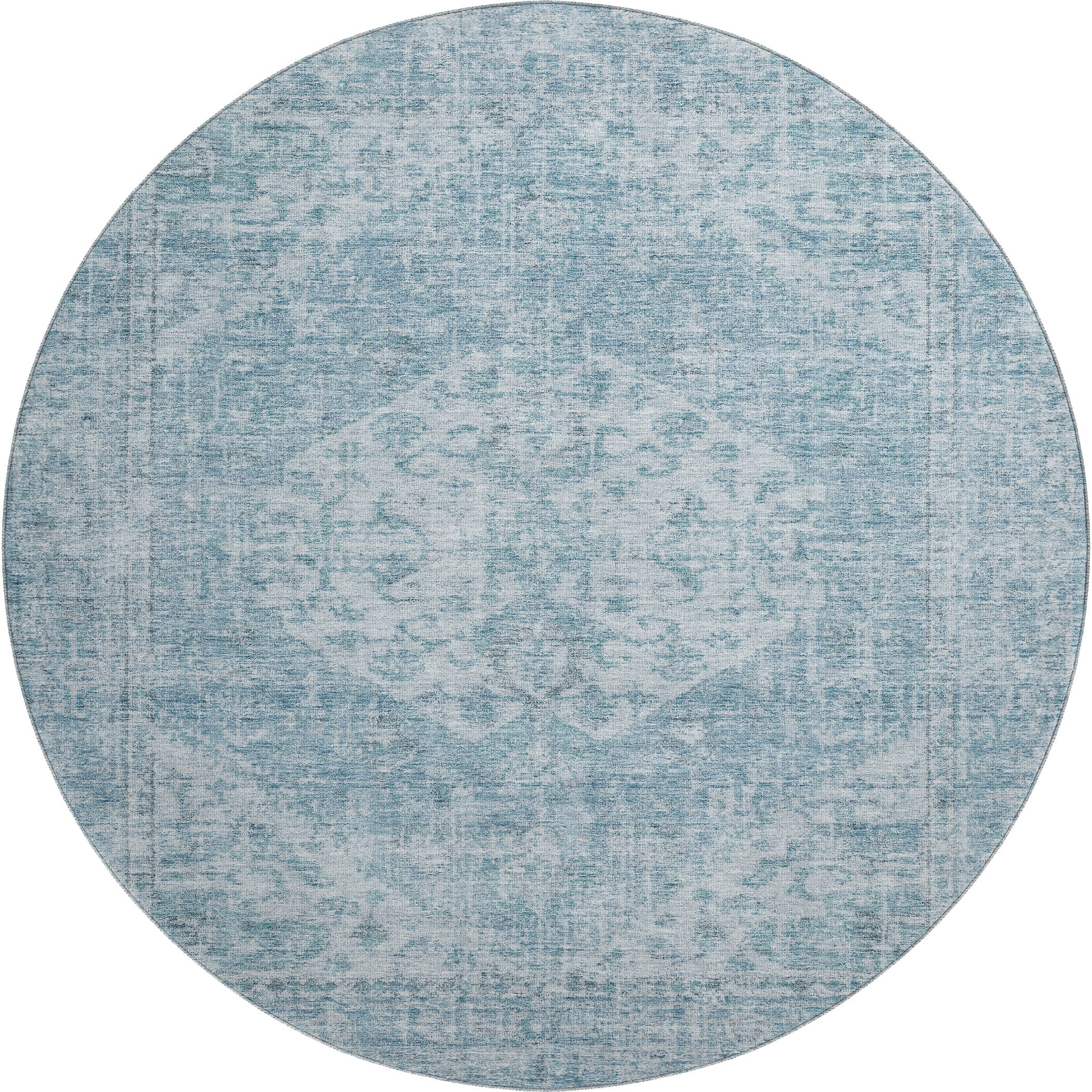 Porto Machine Washable Traditional Sky Blue Rug 8' x 8' #shape_Round