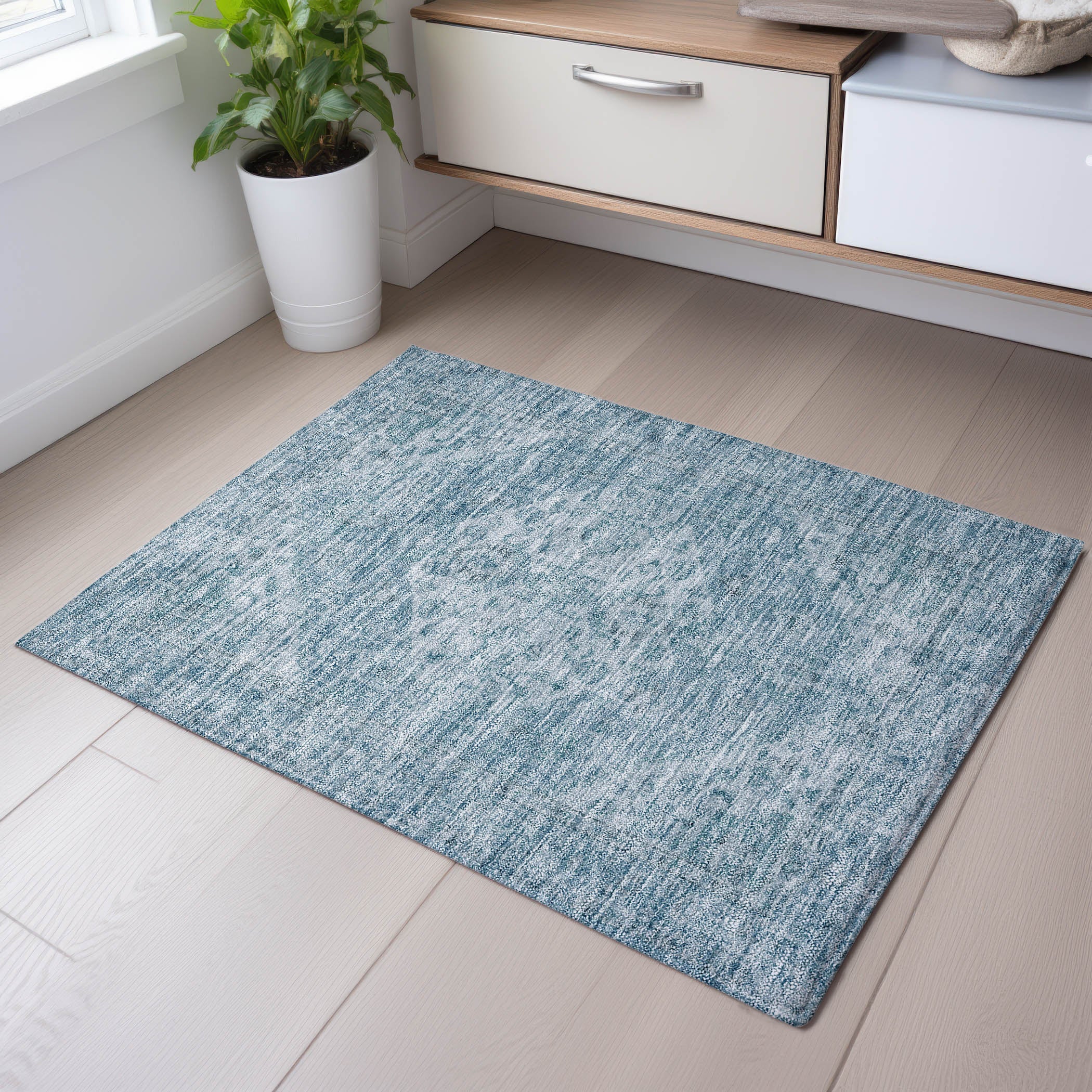 Porto Machine Washable Traditional Sky Blue Rug 1'8" x 2'6" #shape_Rectangle