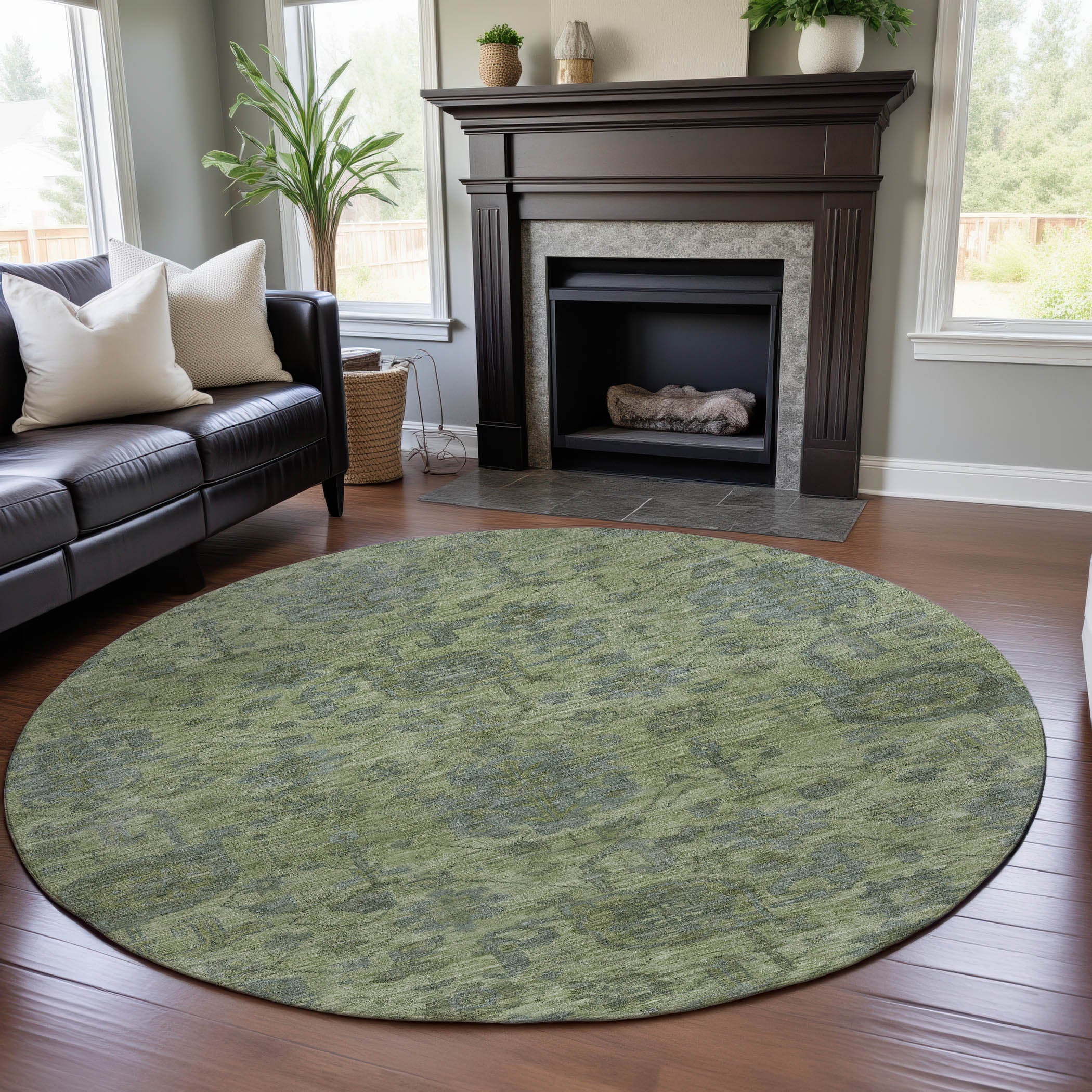 Kotor Machine Washable Traditional Aloe Green Rug 8' x 8' #shape_Round