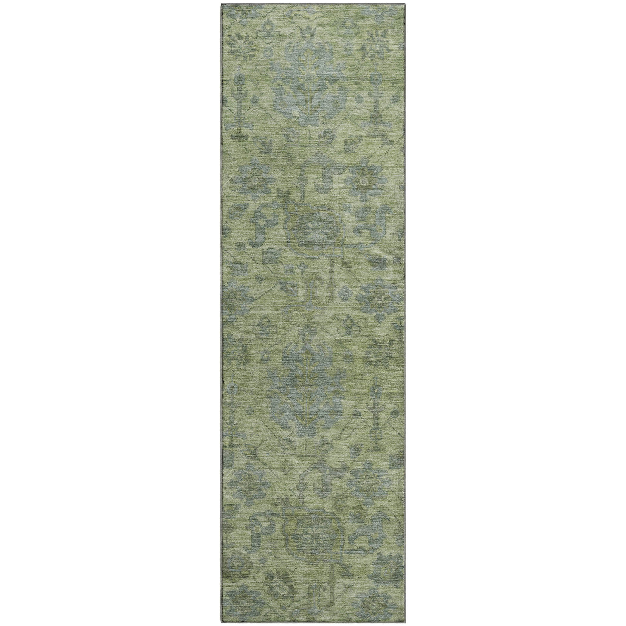 Kotor Machine Washable Traditional Aloe Green Rug 2'3" x 7'6" #shape_Runner