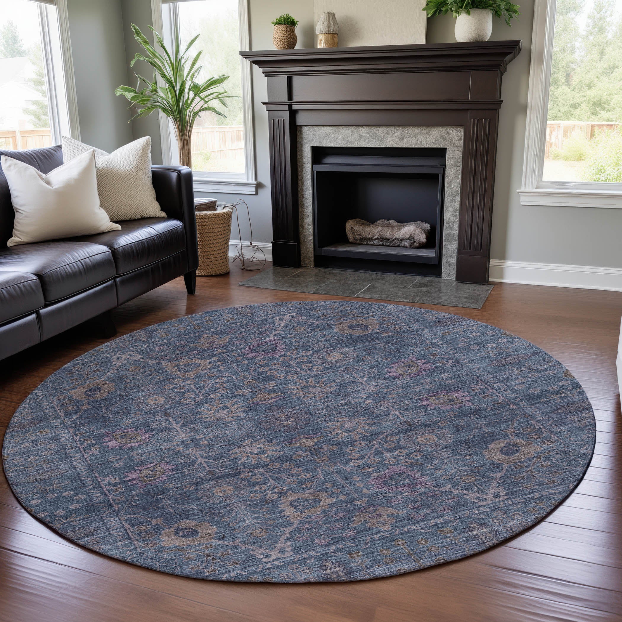 Marrakech Machine Washable Traditional Blue Rug 8' x 8' #shape_Round