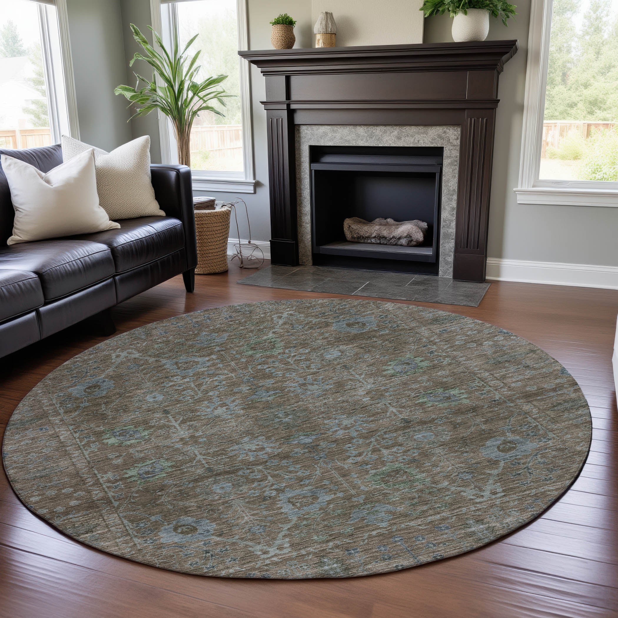 Marrakech Machine Washable Traditional Brown Rug 8' x 8' #shape_Round