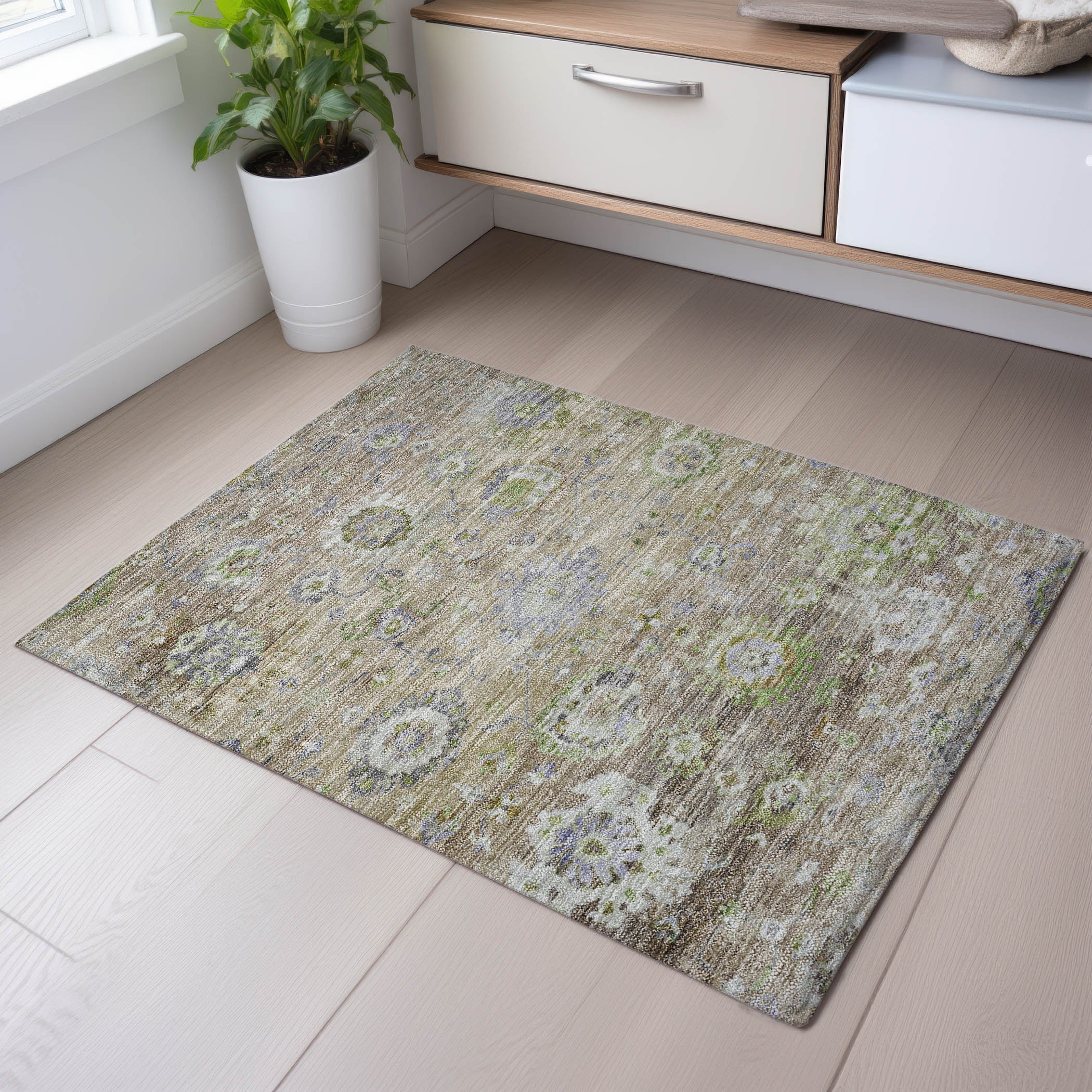 Prague Machine Washable Traditional Beige Brown Rug 1'8" x 2'6" #shape_Rectangle