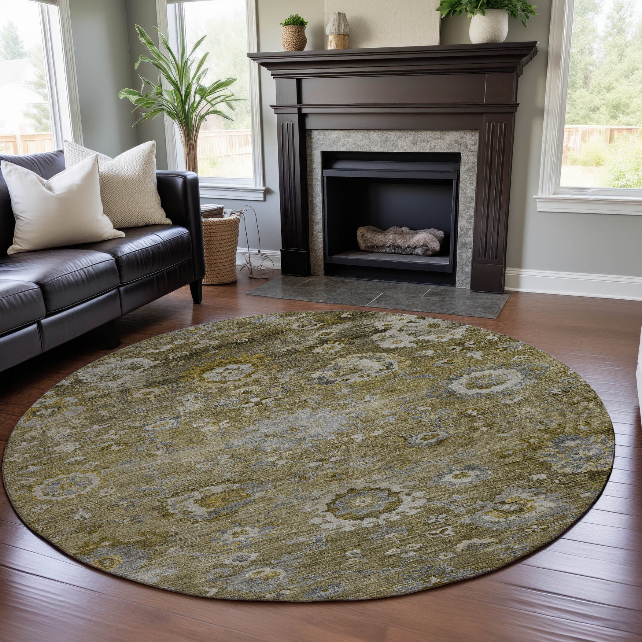 Prague Machine Washable Traditional Brown Rug 8' x 8' #shape_Round