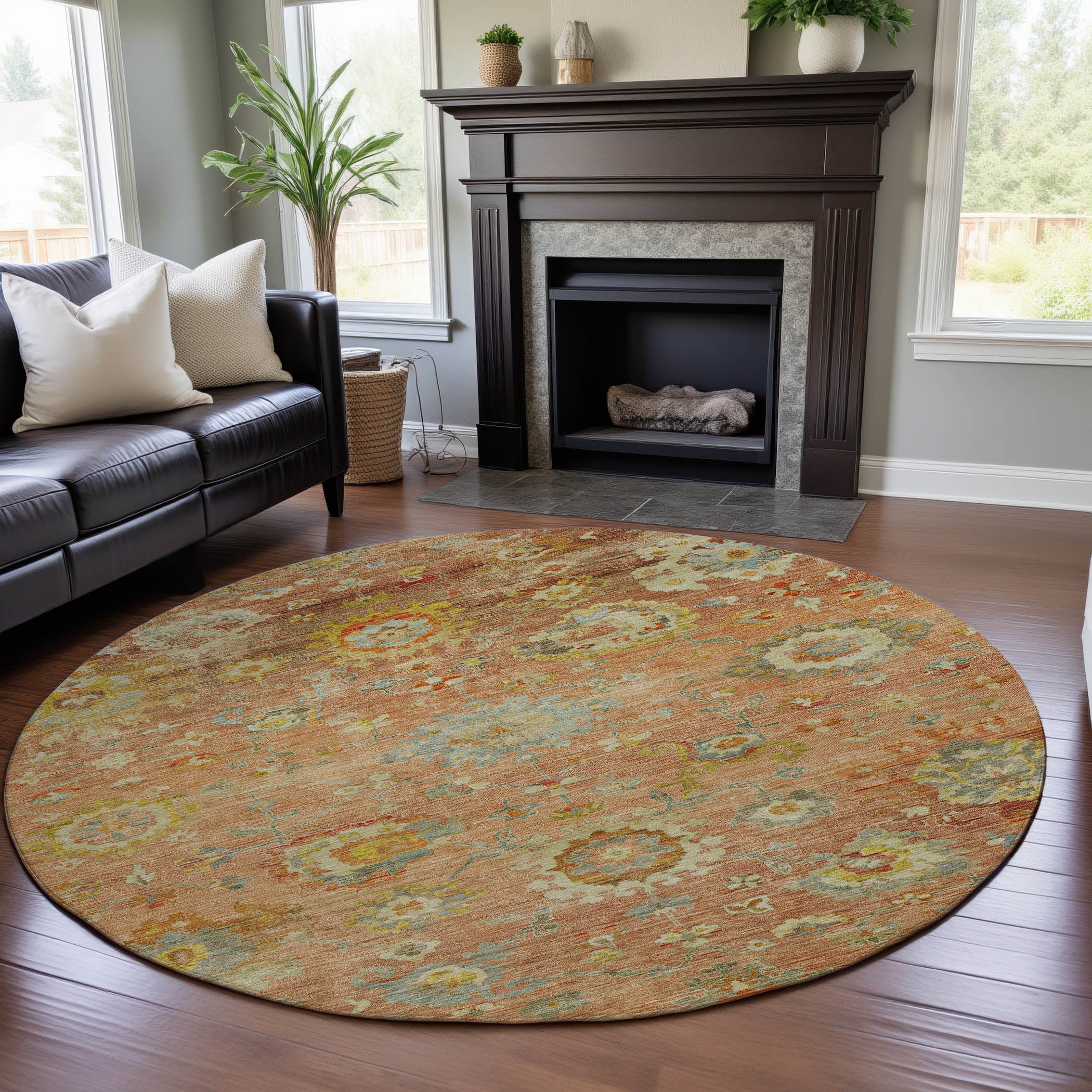 Prague Machine Washable Traditional Coral Orange Rug 8' x 8' #shape_Round