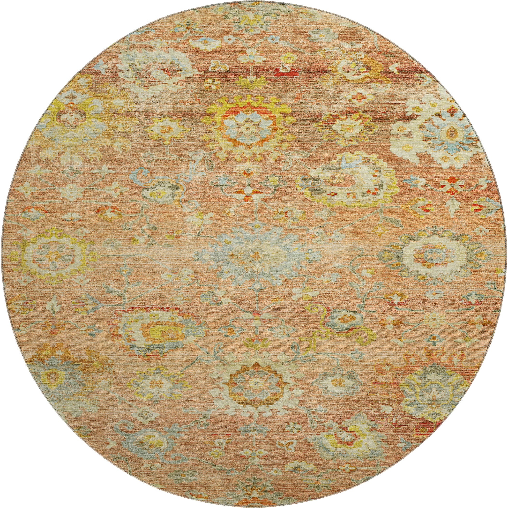 Prague Machine Washable Traditional Coral Orange Rug 8' x 8' #shape_Round
