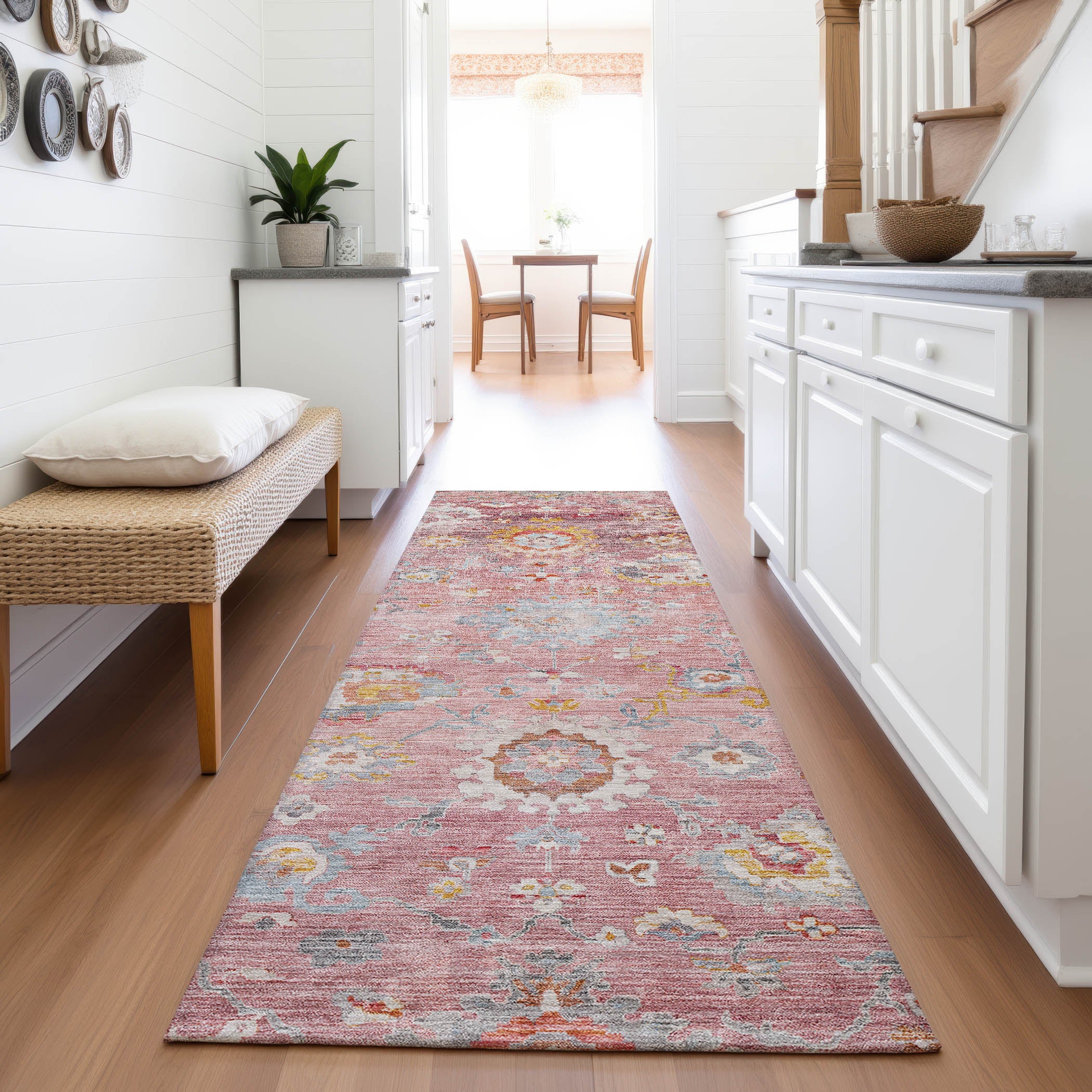 Prague Machine Washable Traditional Pink Rug 2'3" x 7'6" #shape_Runner