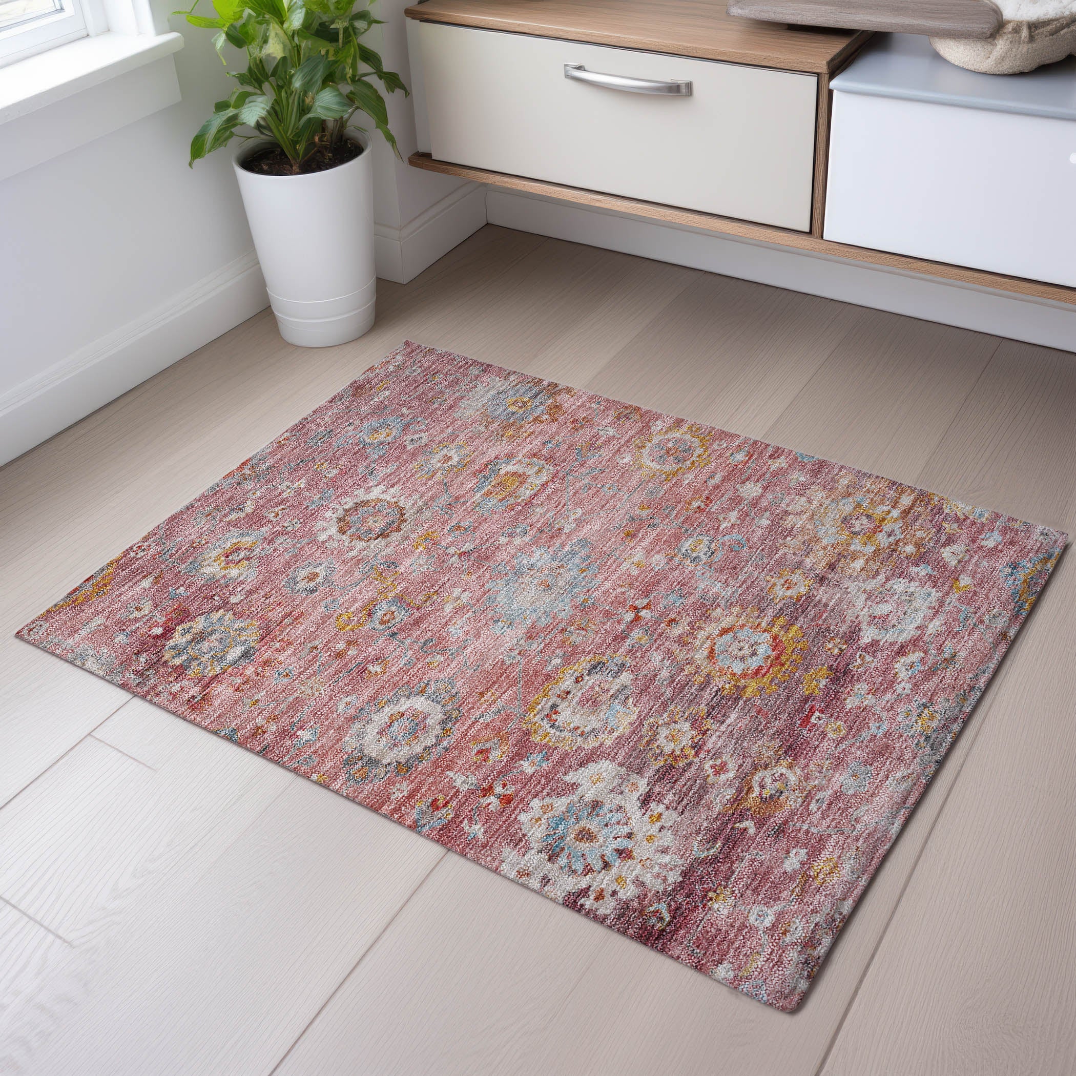 Prague Machine Washable Traditional Pink Rug 1'8" x 2'6" #shape_Rectangle