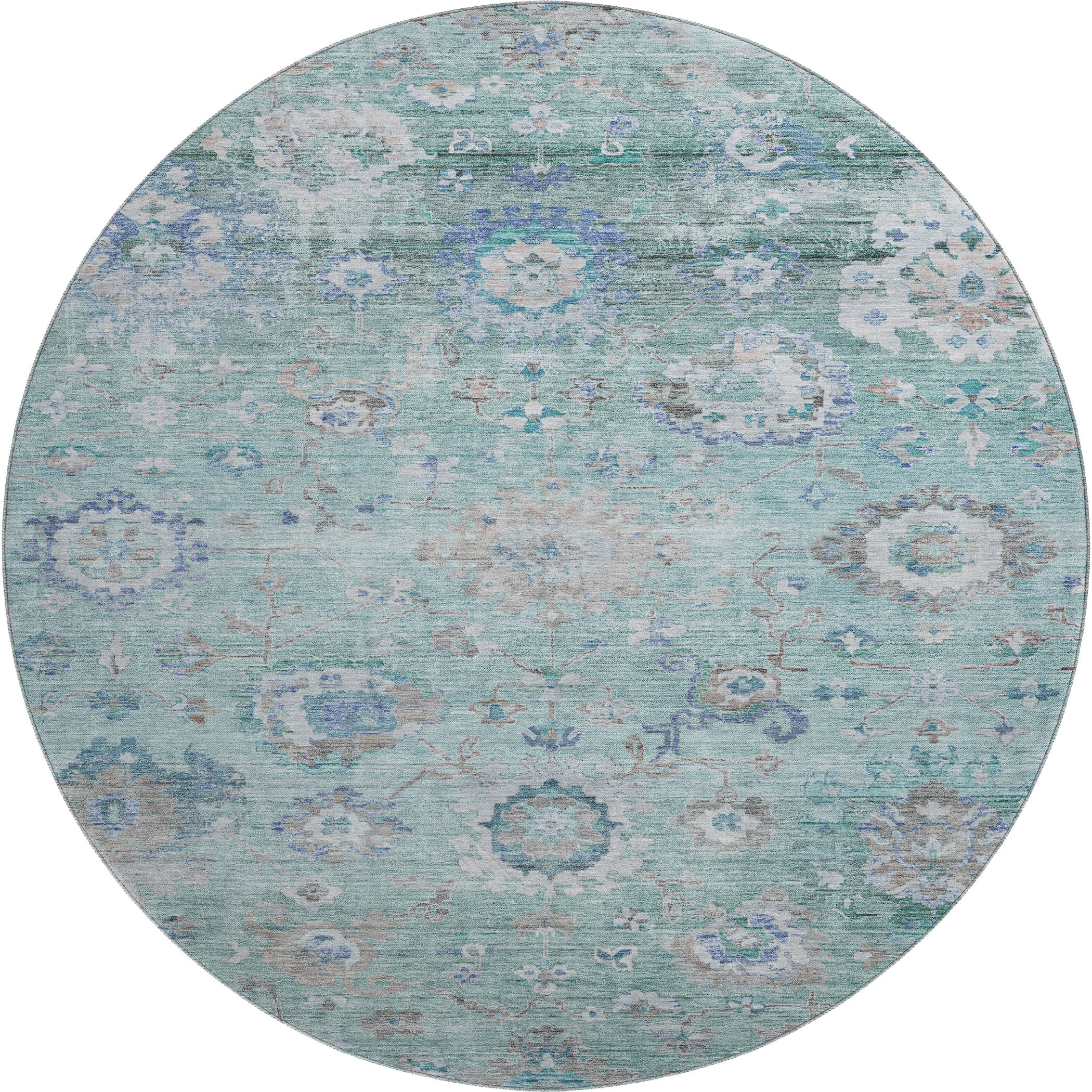 Prague Machine Washable Traditional Seafoam Blue Rug 8' x 8' #shape_Round