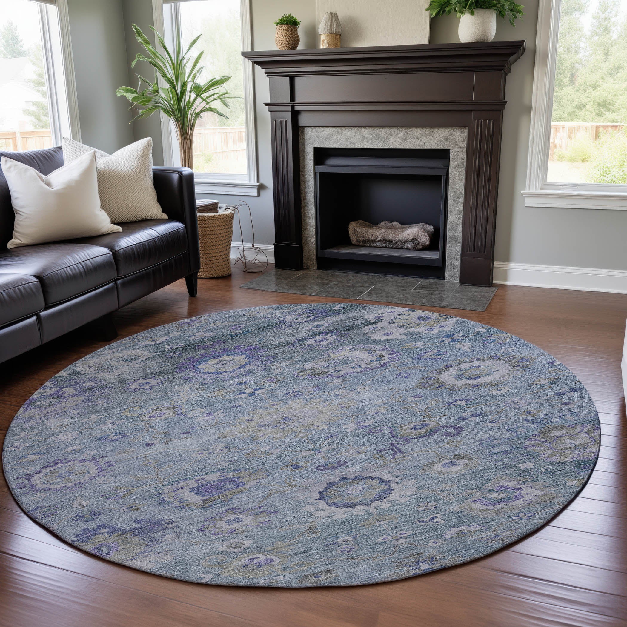 Prague Machine Washable Traditional Sky Blue Rug 8' x 8' #shape_Round