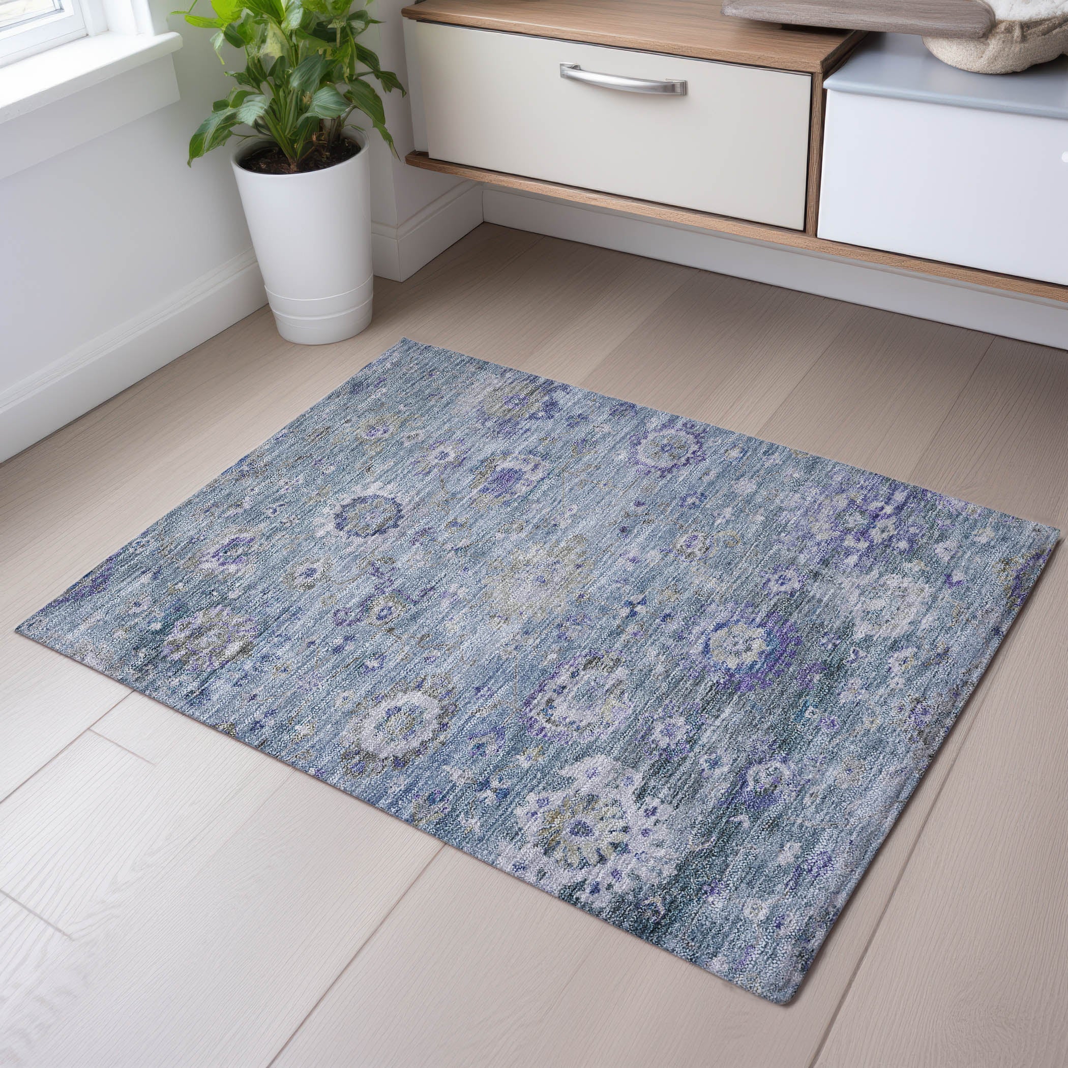 Prague Machine Washable Traditional Sky Blue Rug 1'8" x 2'6" #shape_Rectangle