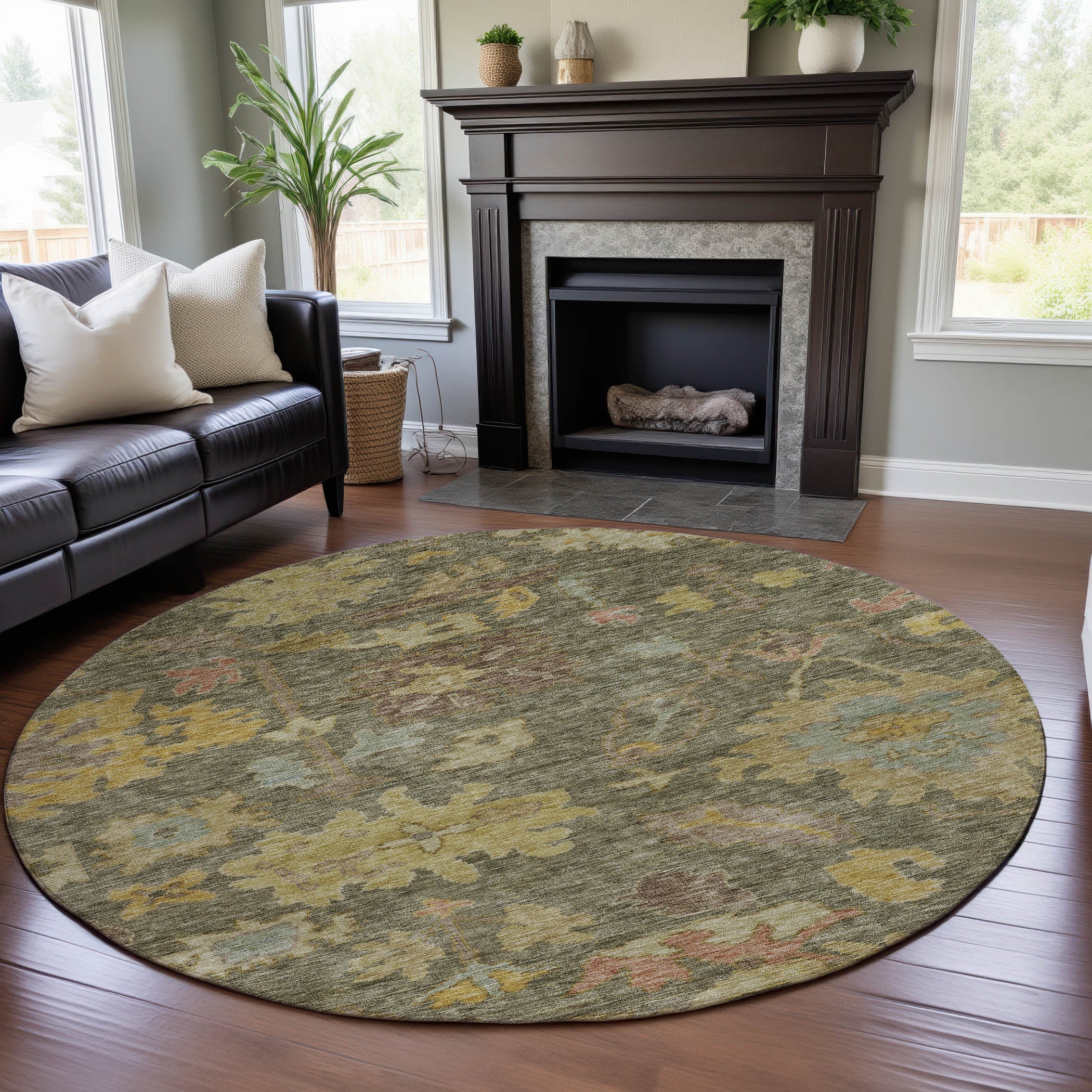 Dubrovnik Machine Washable Traditional Aloe Green Rug 8' x 8' #shape_Round