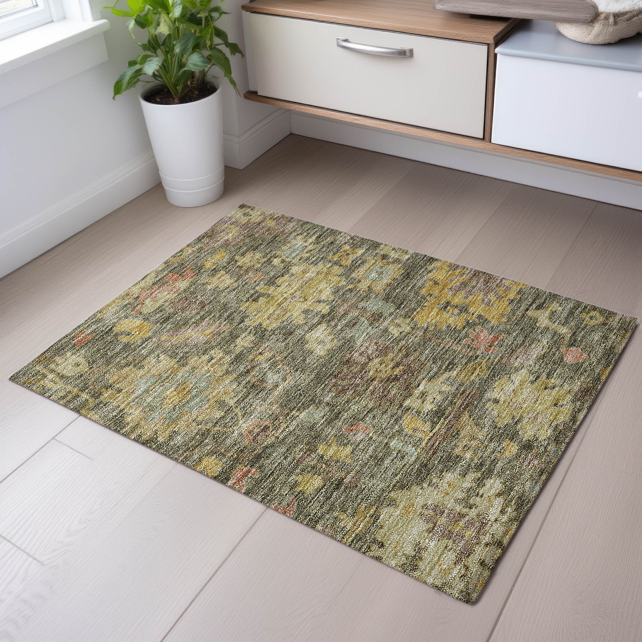 Dubrovnik Machine Washable Traditional Aloe Green Rug 1'8" x 2'6" #shape_Rectangle