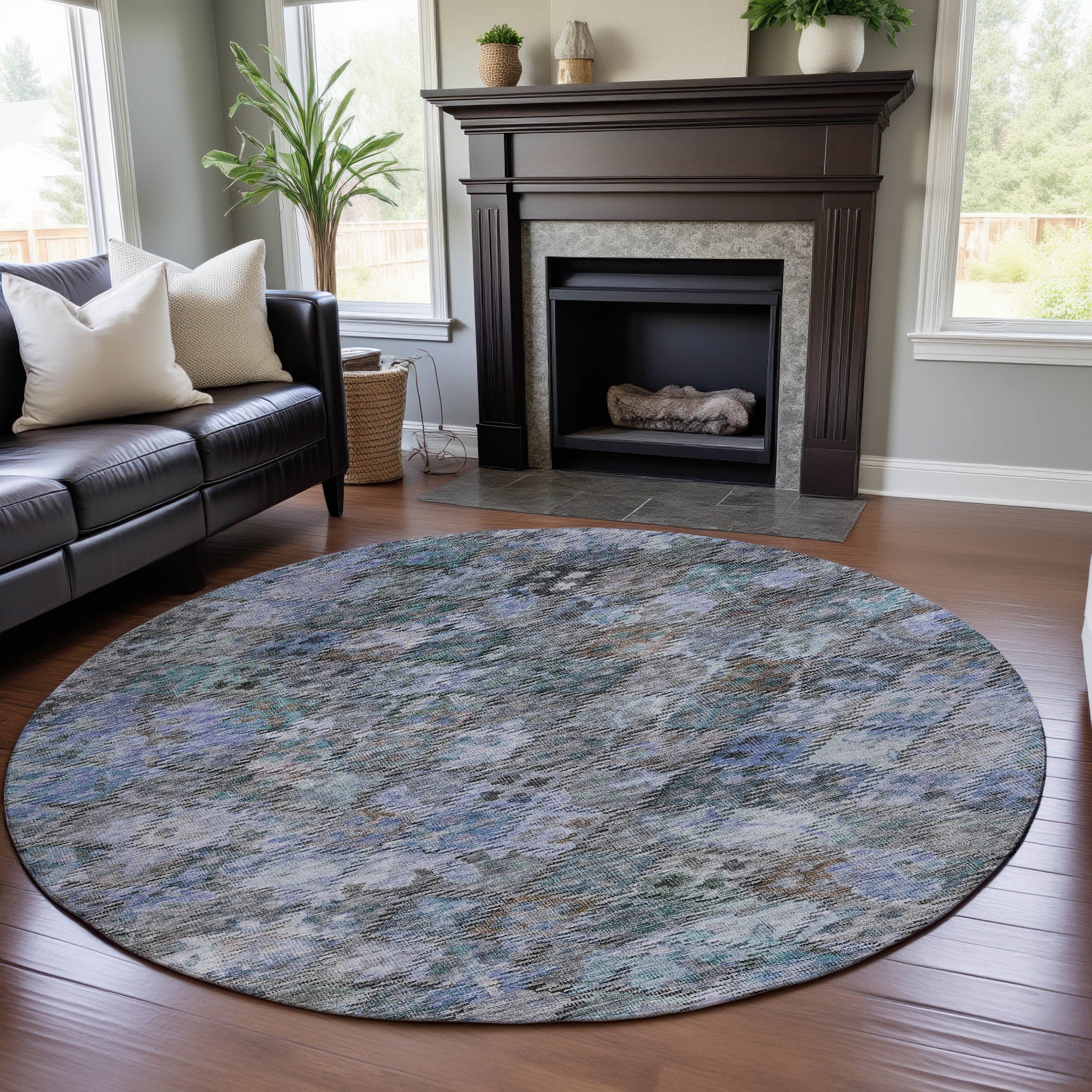 Mostar Machine Washable Traditional Blue Rug 8' x 8' #shape_Round
