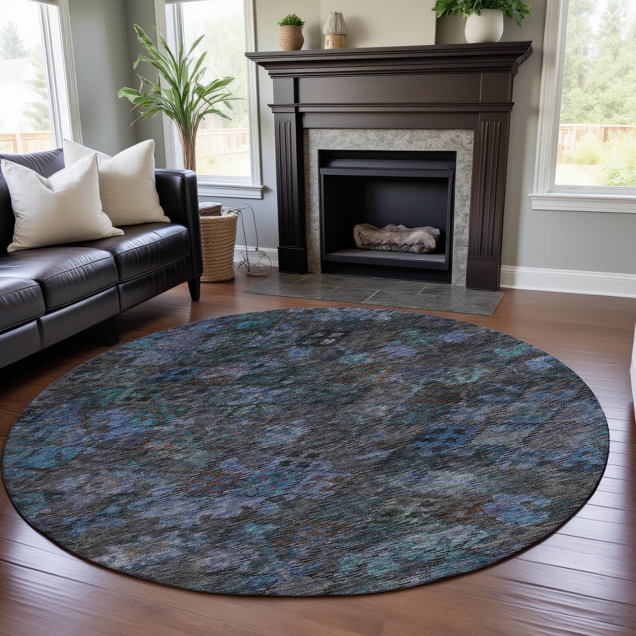 Mostar Machine Washable Traditional Teal Rug 8' x 8' #shape_Round