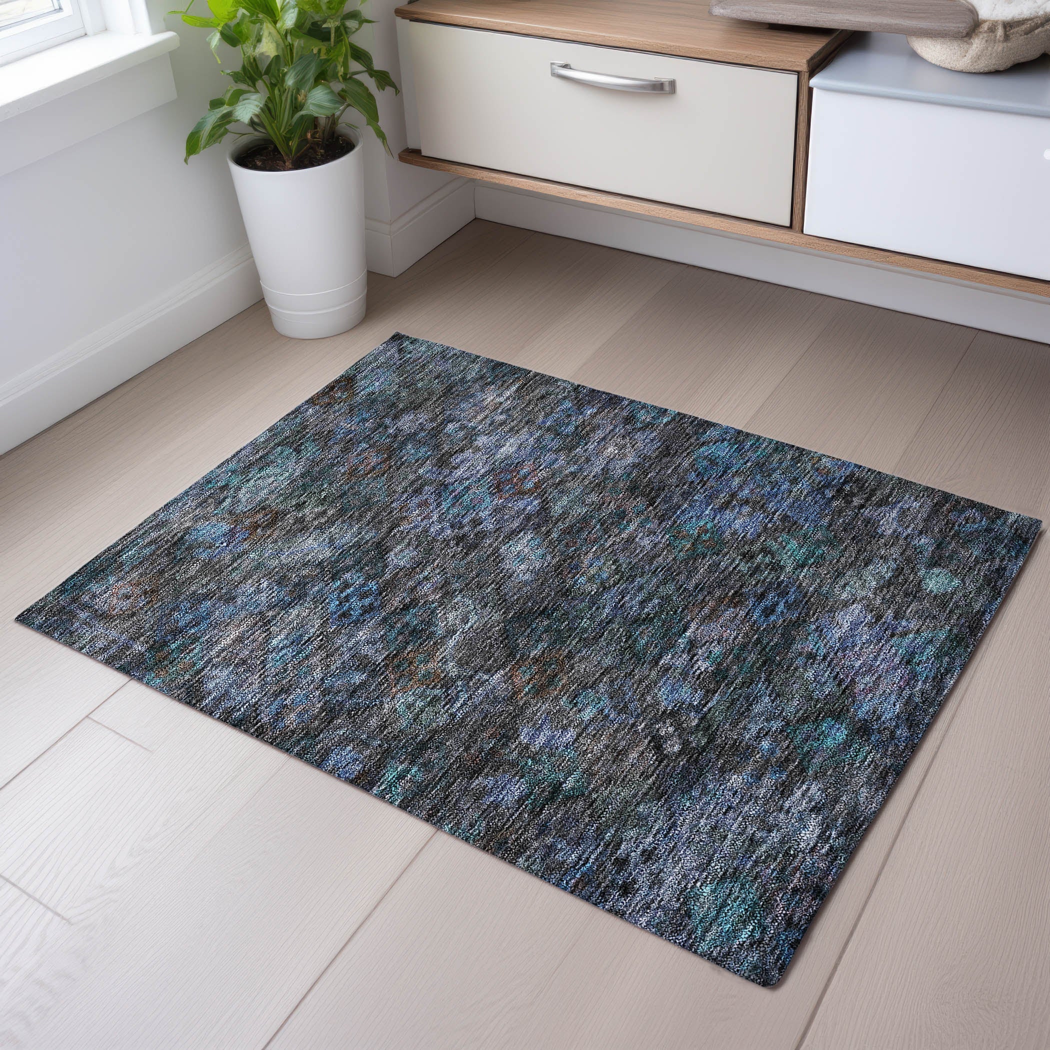 Mostar Machine Washable Traditional Teal Rug 1'8" x 2'6" #shape_Rectangle
