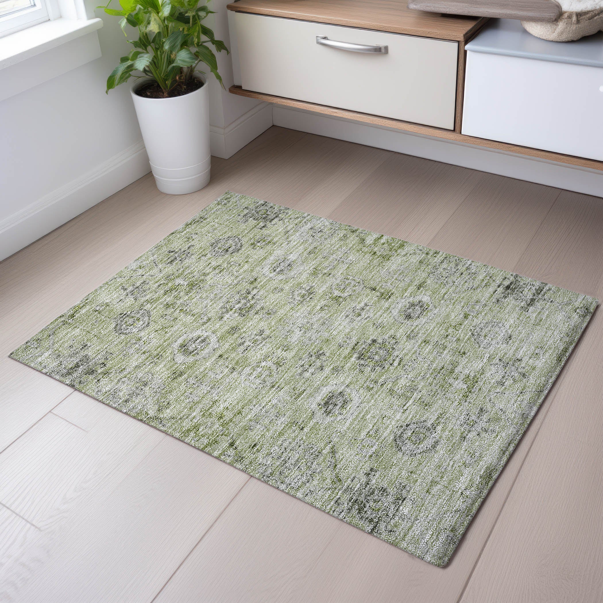 Bogota Machine Washable Traditional Aloe Green Rug 1'8" x 2'6" #shape_Rectangle