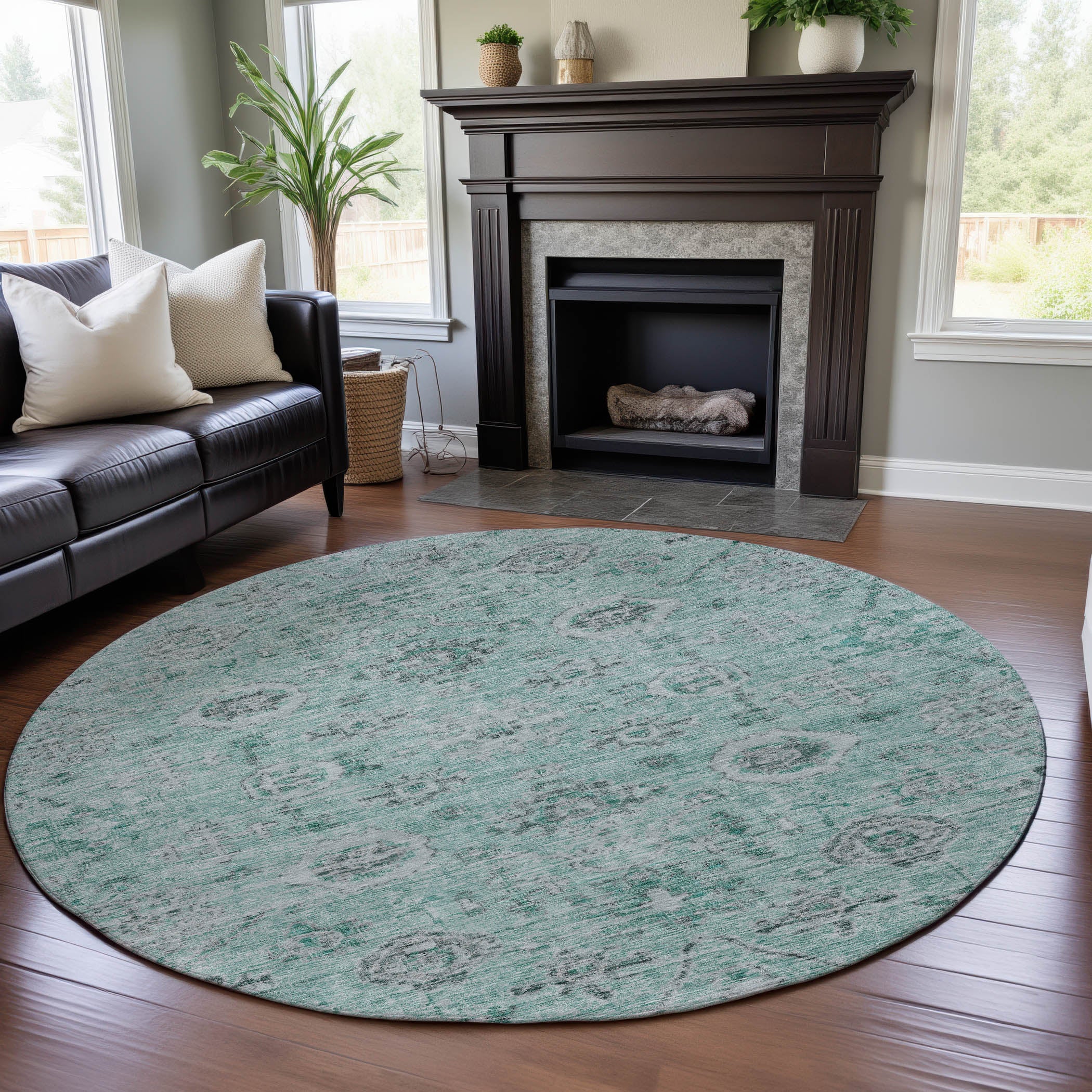 Bogota Machine Washable Traditional Teal Rug 8' x 8' #shape_Round