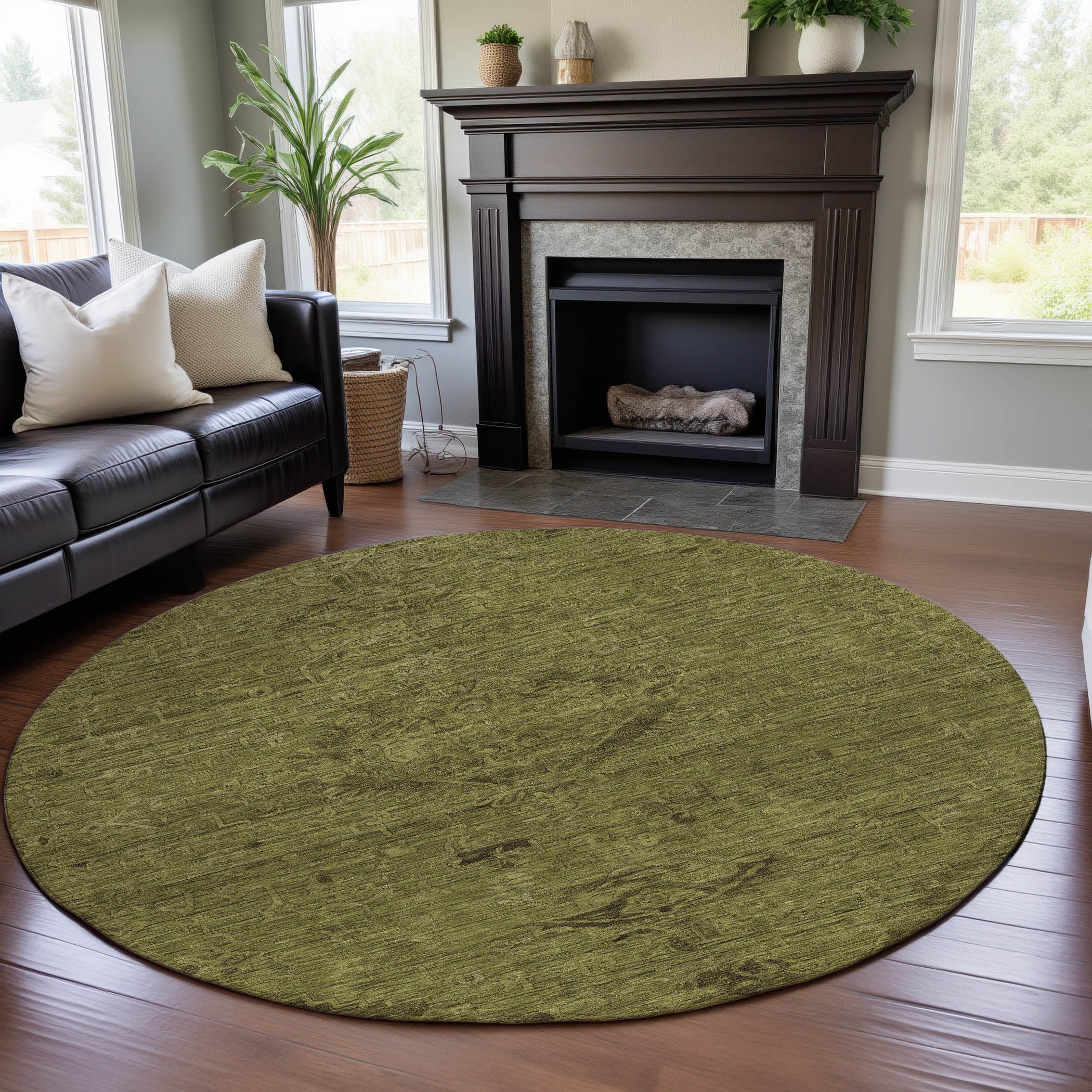 Salzburg Machine Washable Traditional Olive Green Rug 8' x 8' #shape_Round