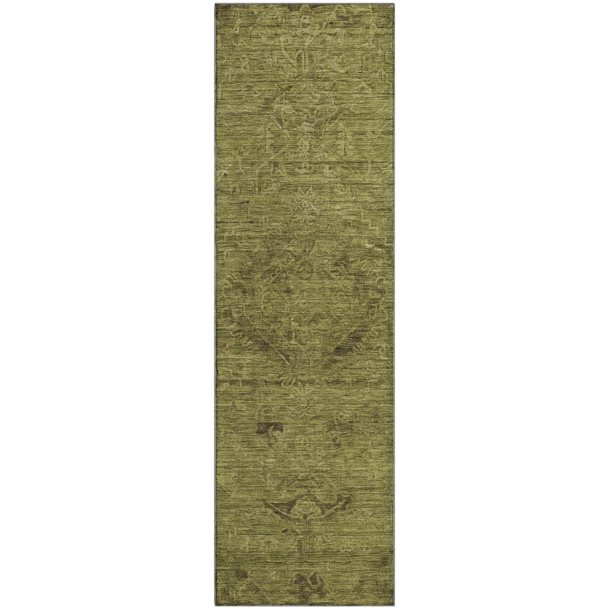 Salzburg Machine Washable Traditional Olive Green Rug 2'3" x 7'6" #shape_Runner