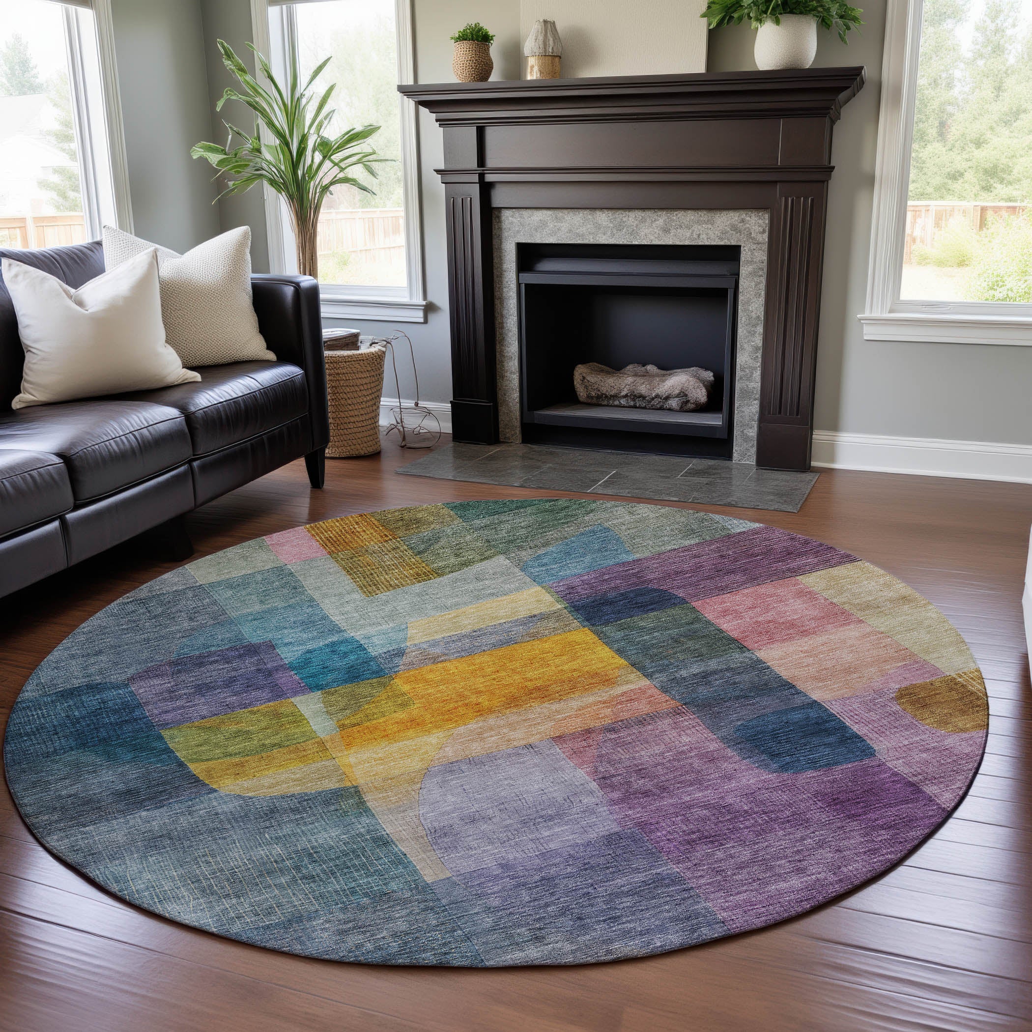 Marrakech Machine Washable Transitional Blue Rug 8' x 8' #shape_Round