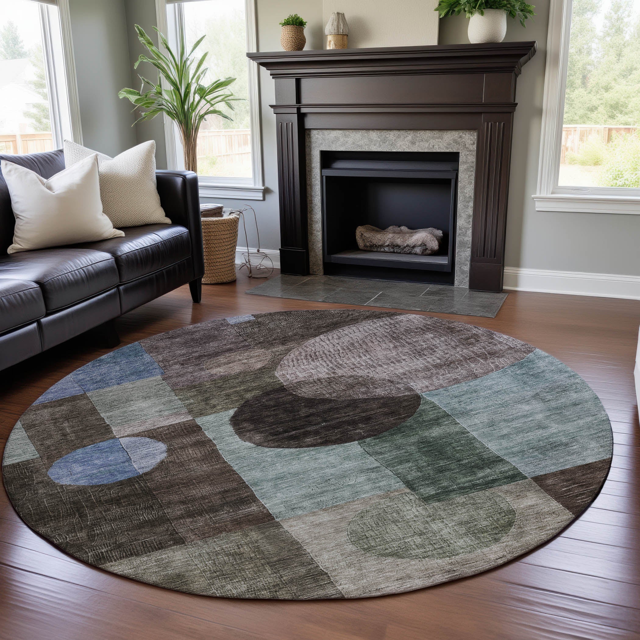 Lucerne Machine Washable Transitional Brown Rug 8' x 8' #shape_Round