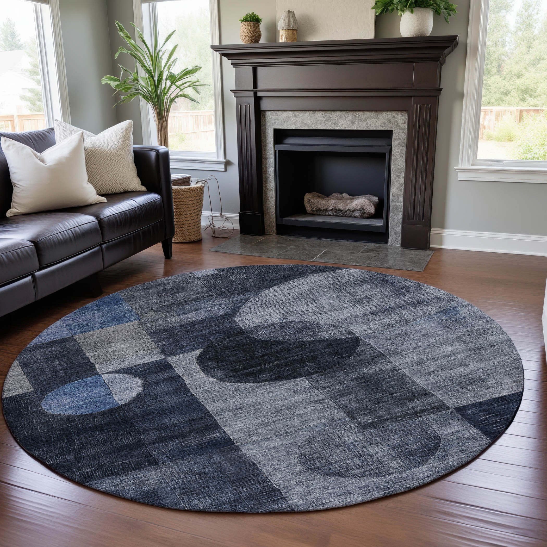 Lucerne Machine Washable Transitional Navy Blue Rug 8' x 8' #shape_Round