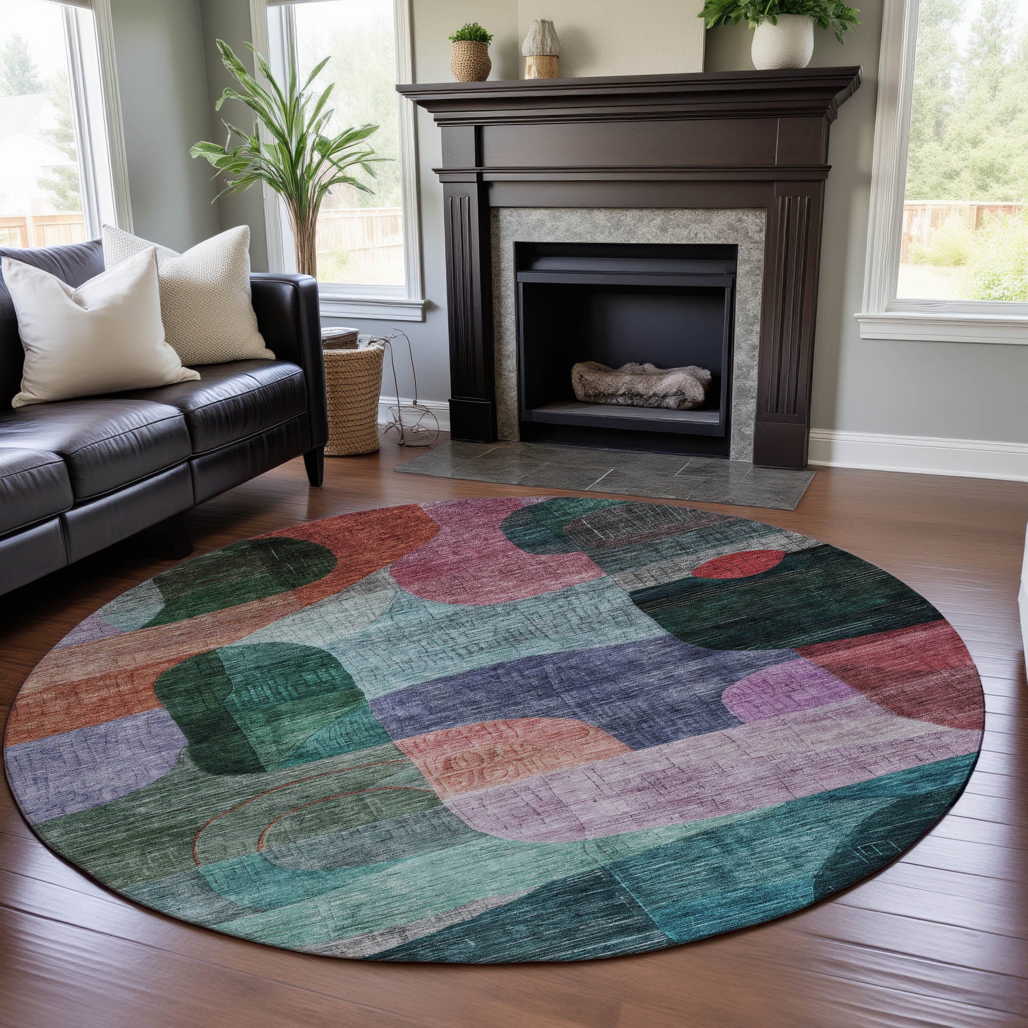 Nairobi Machine Washable Transitional Green Rug 8' x 8' #shape_Round