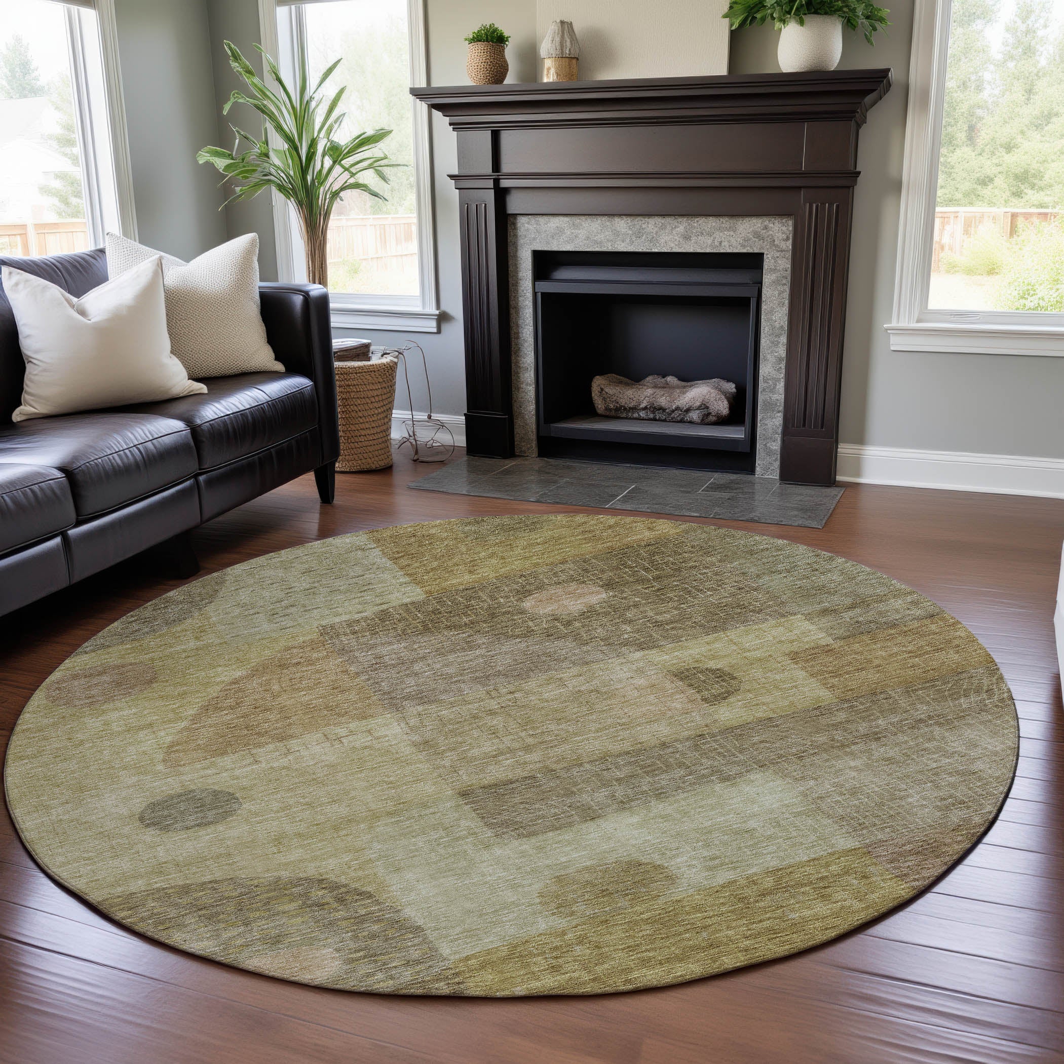 Sintra Machine Washable Transitional Beige Brown Rug 8' x 8' #shape_Round