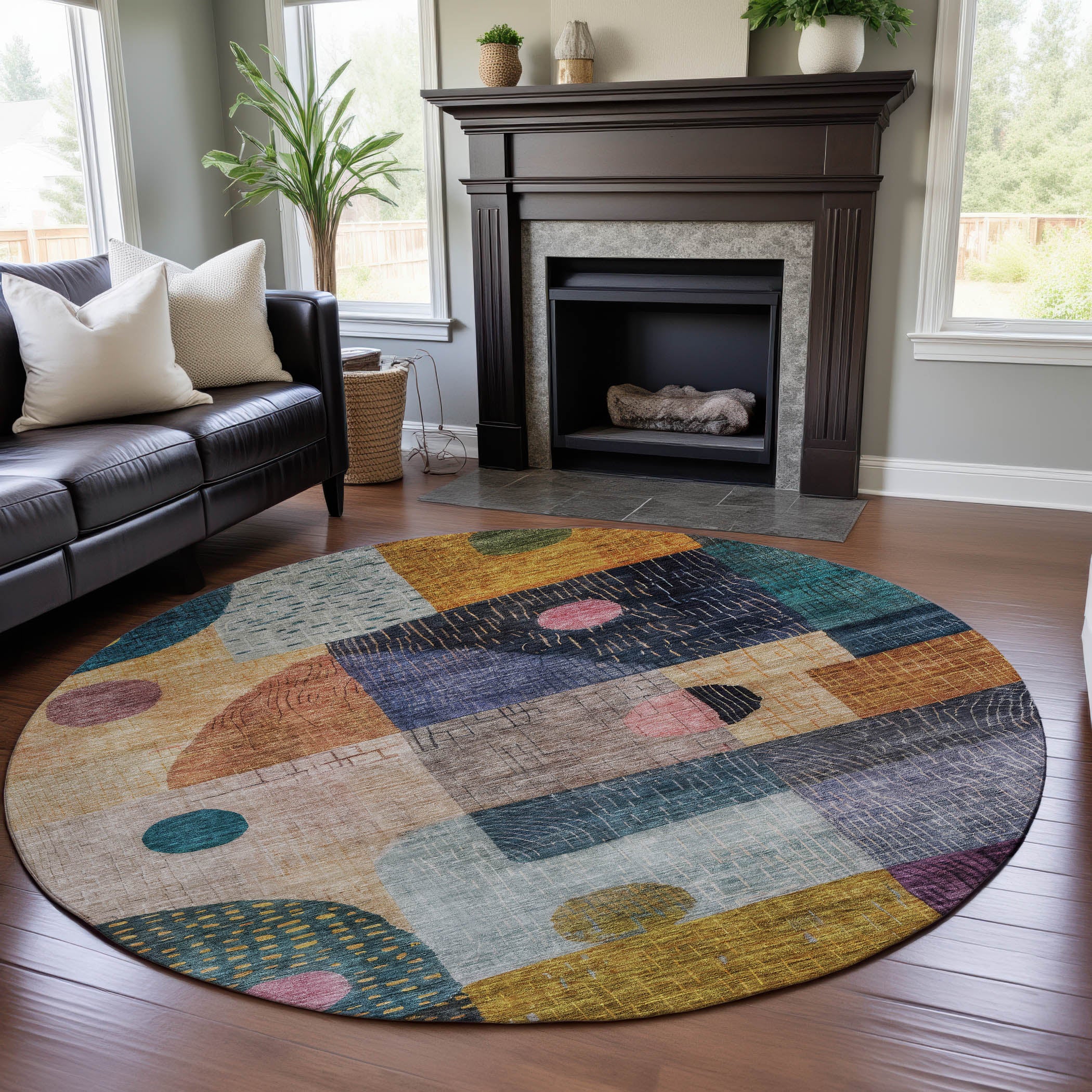 Sintra Machine Washable Transitional Green Rug 8' x 8' #shape_Round