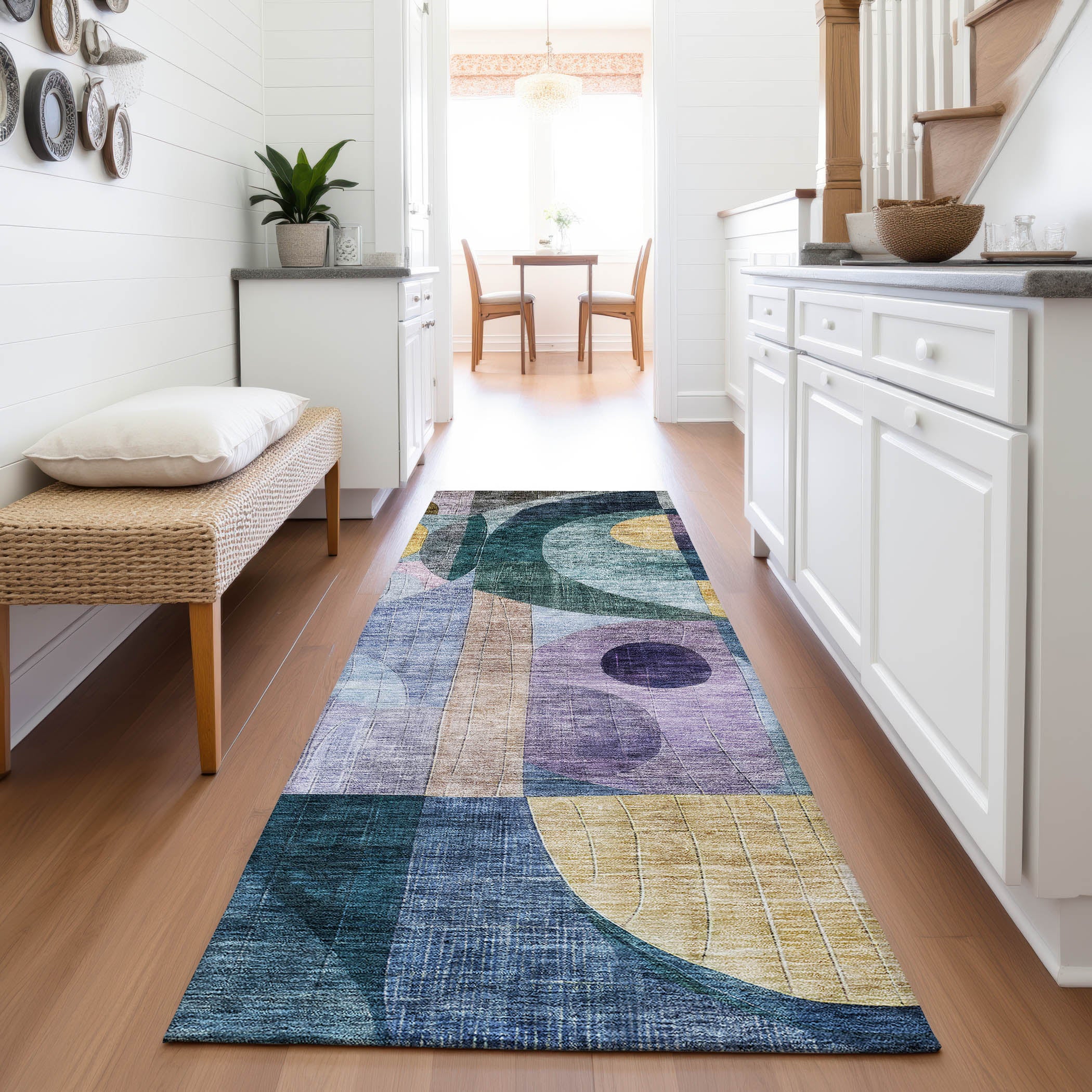 Montevideo Machine Washable Transitional Blue Rug 2'3" x 7'6" #shape_Runner