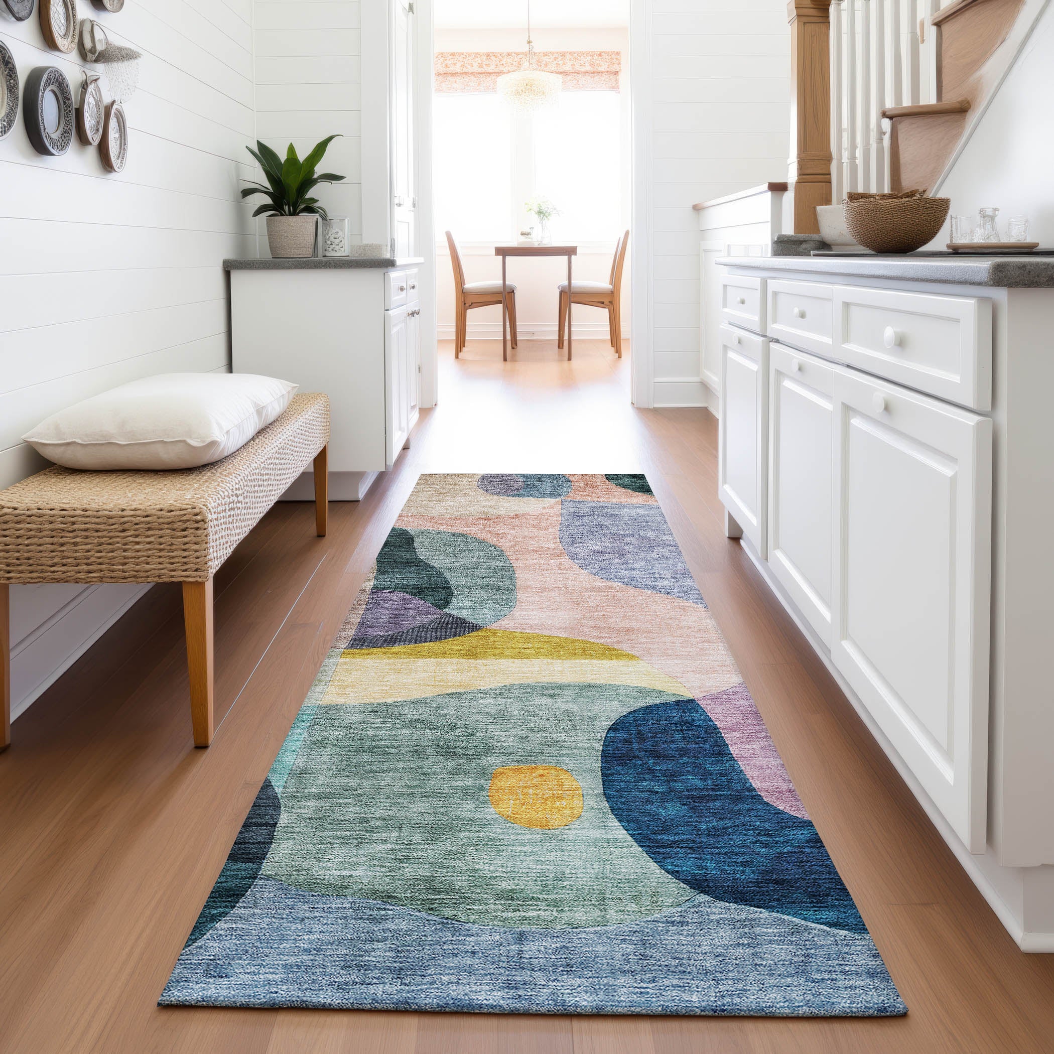 Seoul Machine Washable Transitional Green Rug 2'3" x 7'6" #shape_Runner