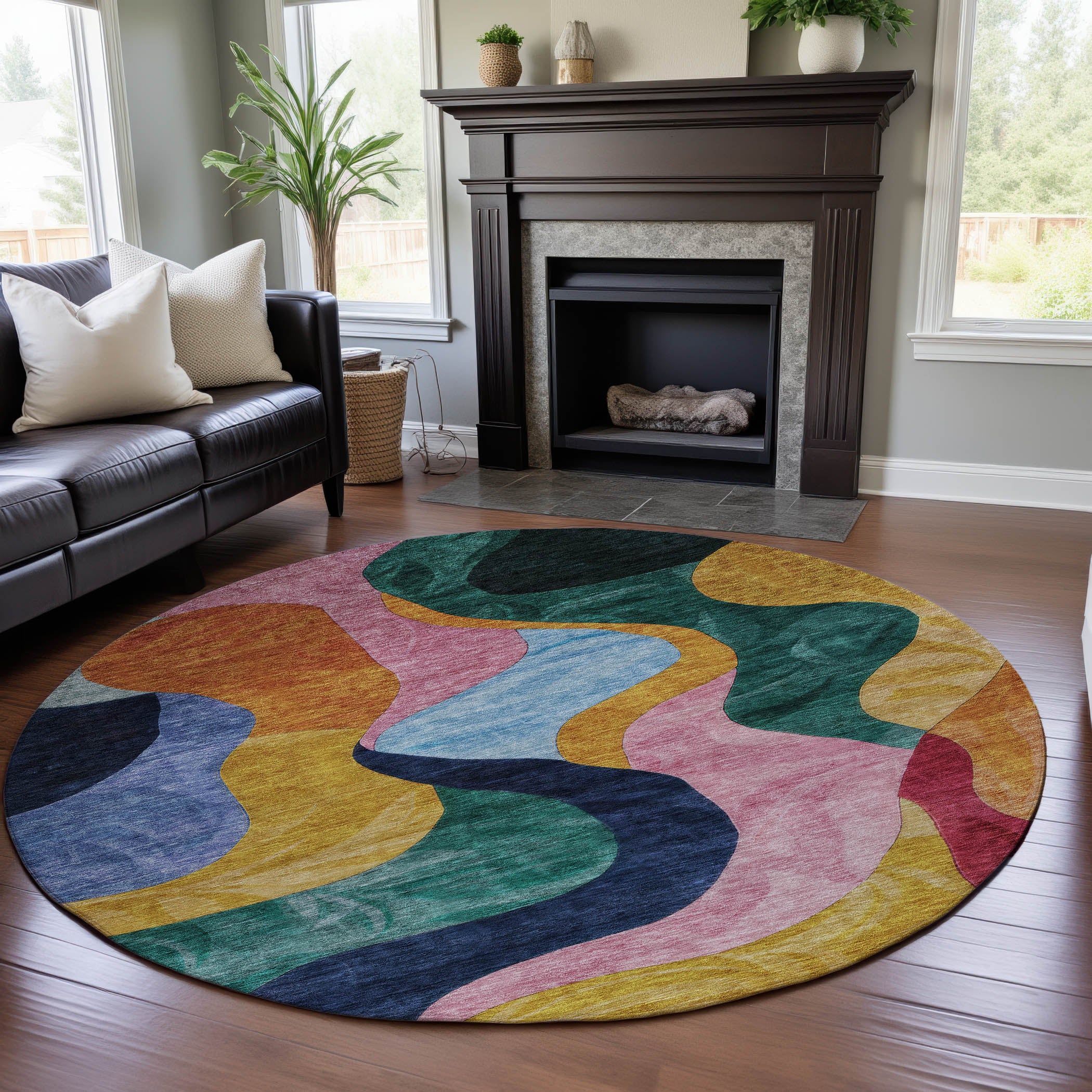 Rome Machine Washable Transitional Green Rug 8' x 8' #shape_Round