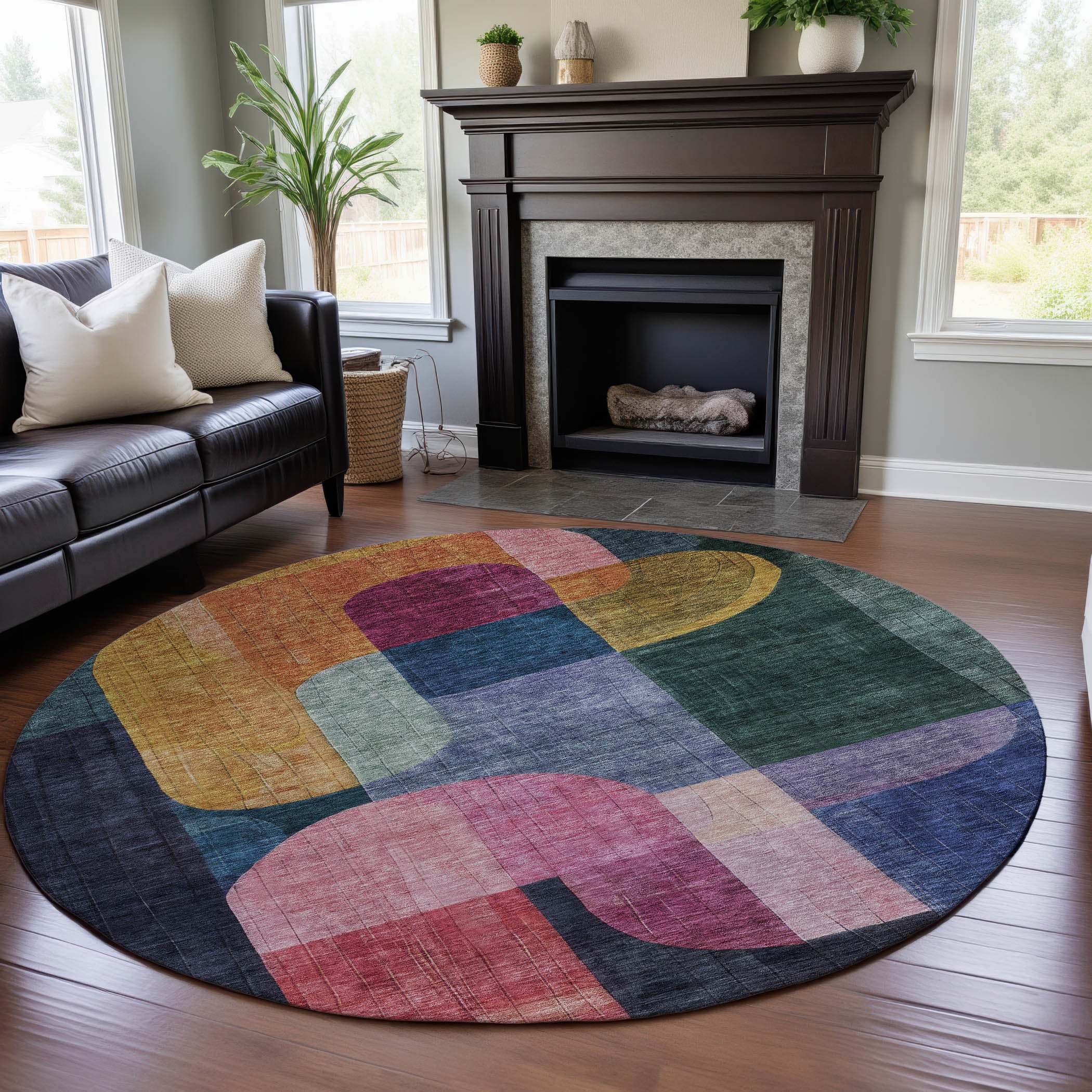 Colombo Machine Washable Transitional Green Rug 8' x 8' #shape_Round