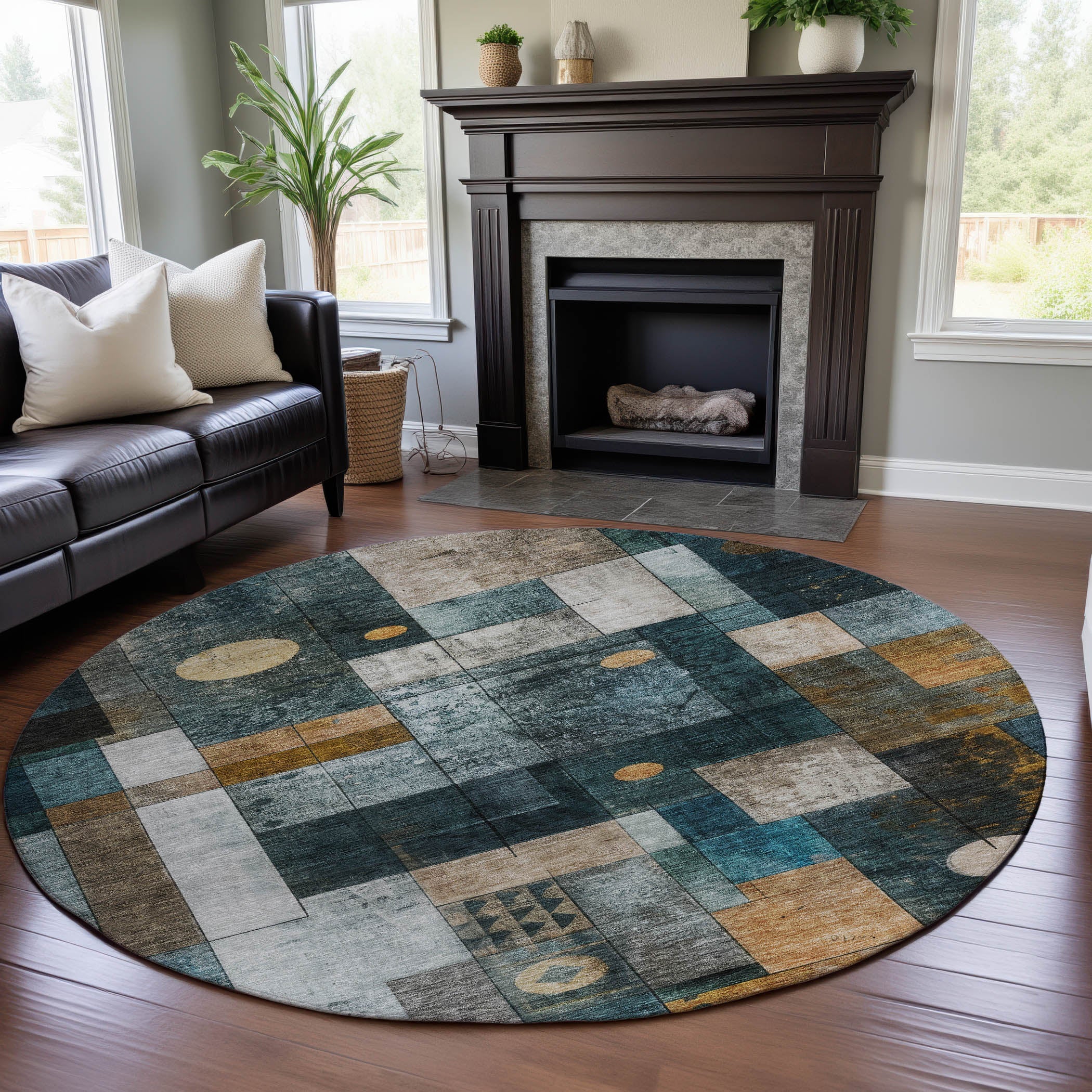 Bern Machine Washable Transitional Teal Rug 8' x 8' #shape_Round