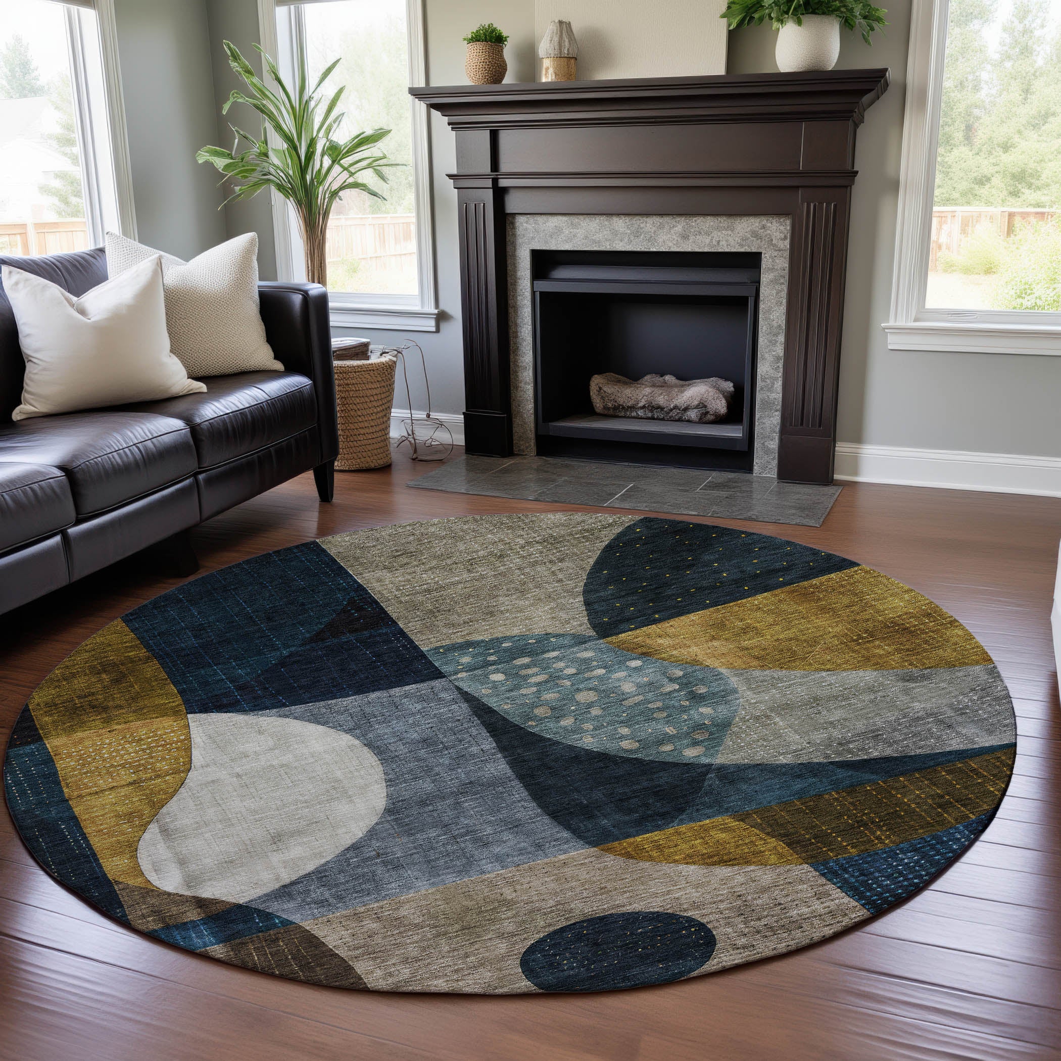 Mostar Machine Washable Transitional Blue Rug 8' x 8' #shape_Round