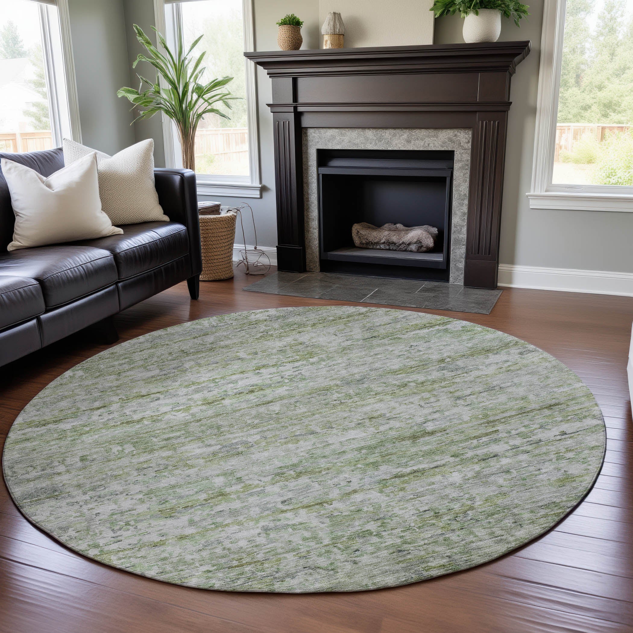 Hoi An Machine Washable Transitional Aloe Green Rug 8' x 8' #shape_Round