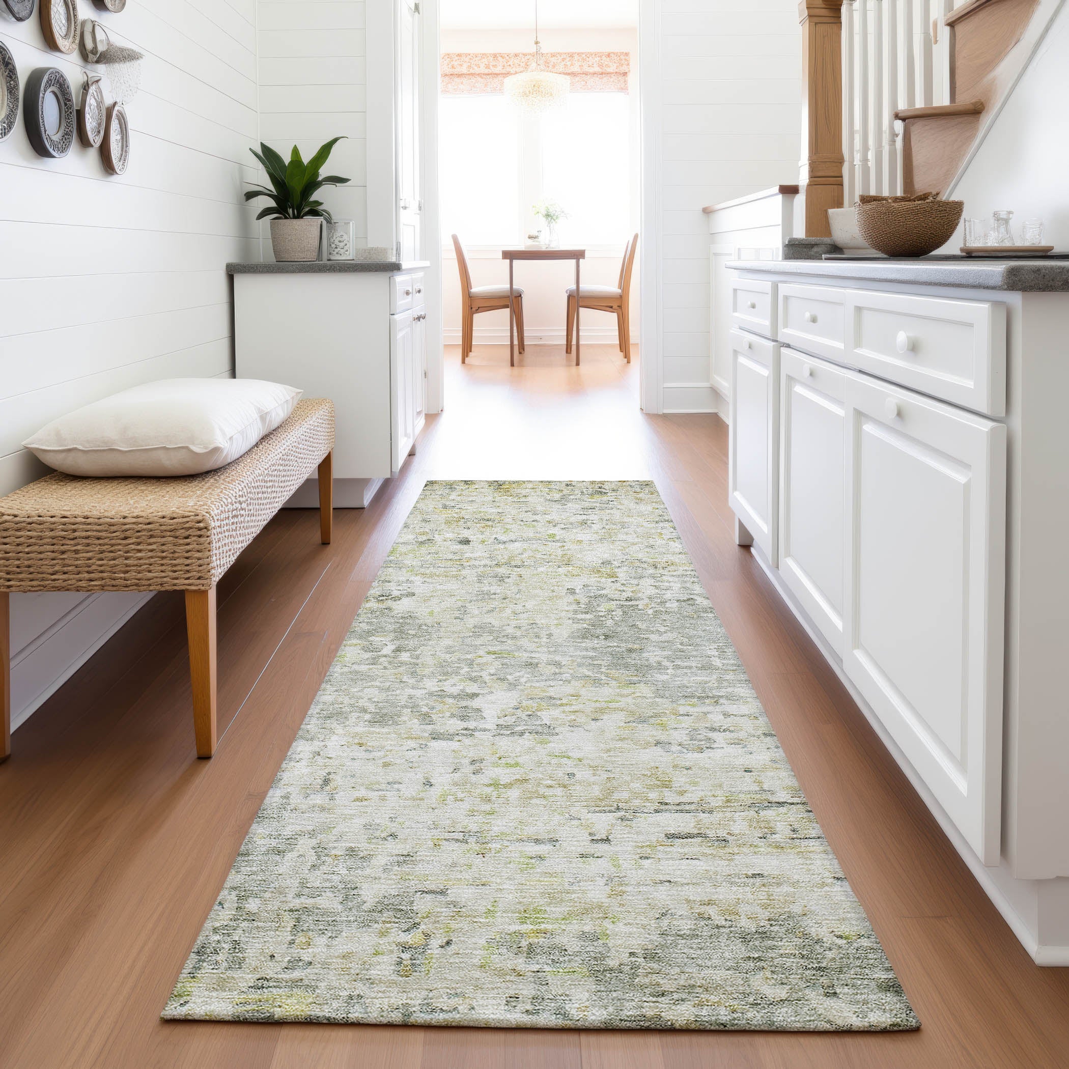 Montevideo Machine Washable Transitional Sage Green Rug 2'3" x 7'6" #shape_Runner