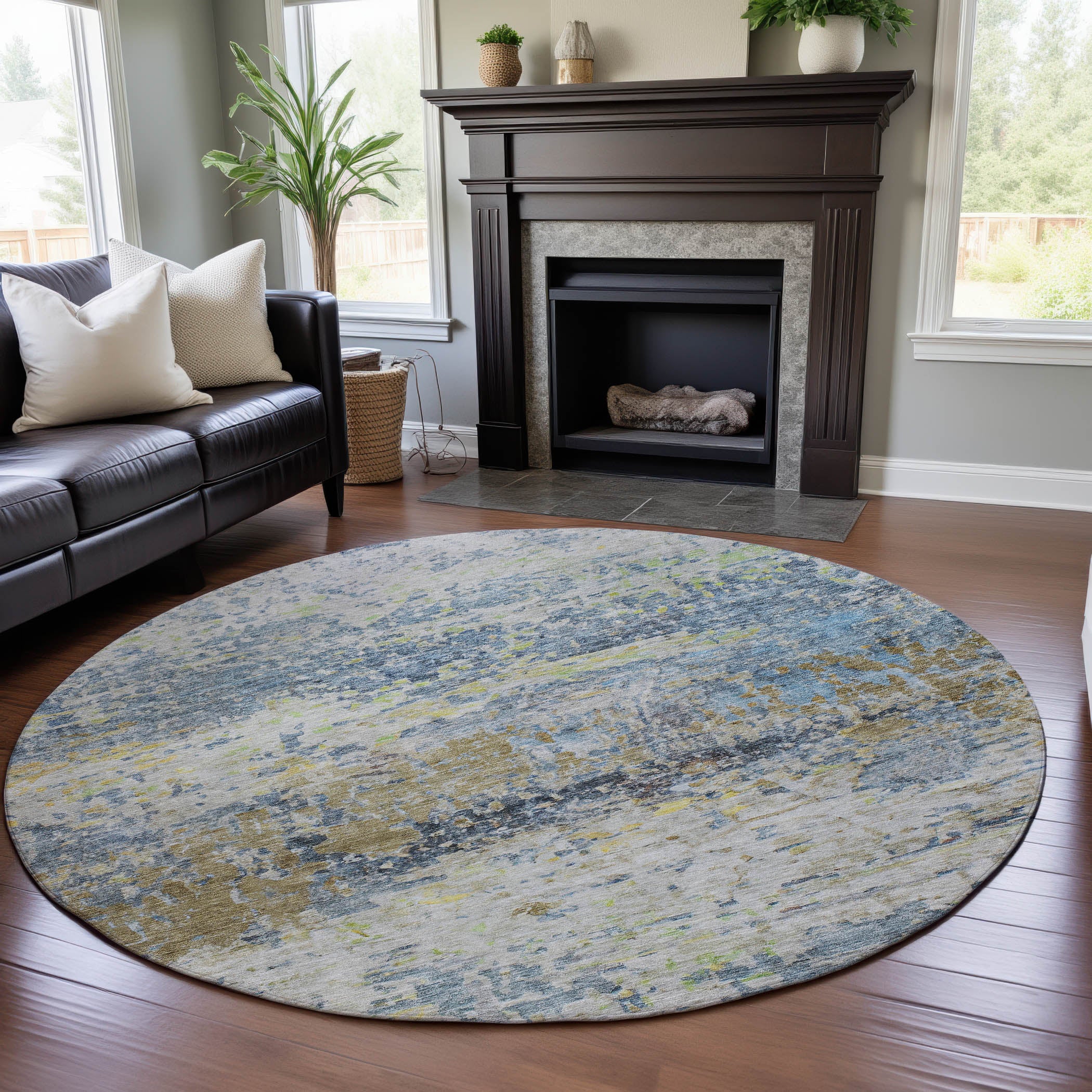 Ghent Machine Washable Transitional Blue Rug 8' x 8' #shape_Round