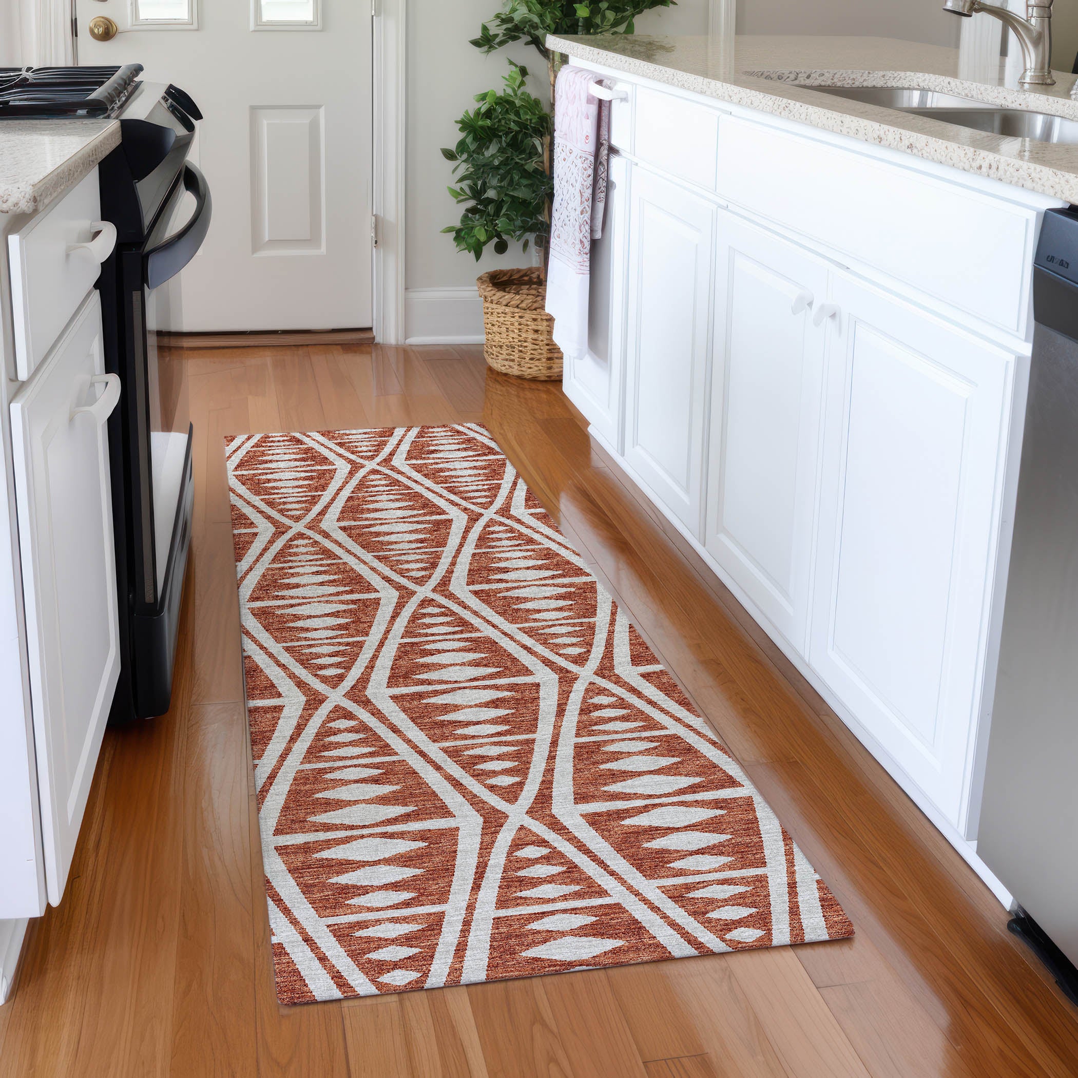 Split Machine Washable Transitional Canyon Red Rug 2'3" x 7'6" #shape_Runner