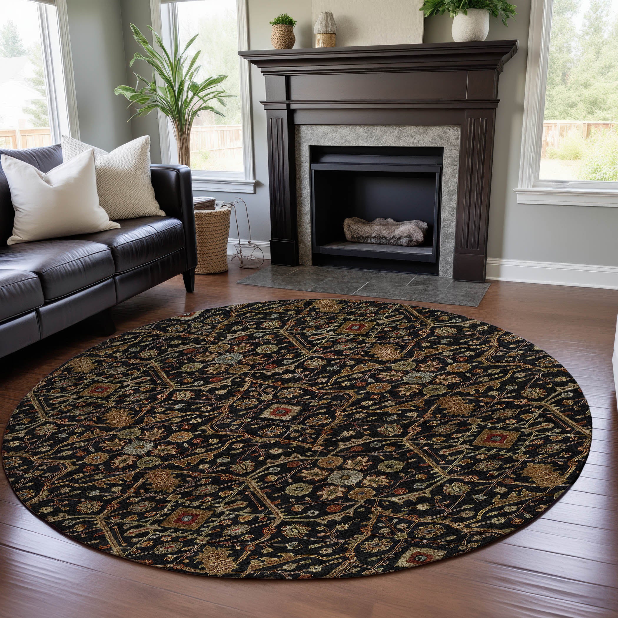Sarajevo Machine Washable Transitional Black Rug 8' x 8' #shape_Round