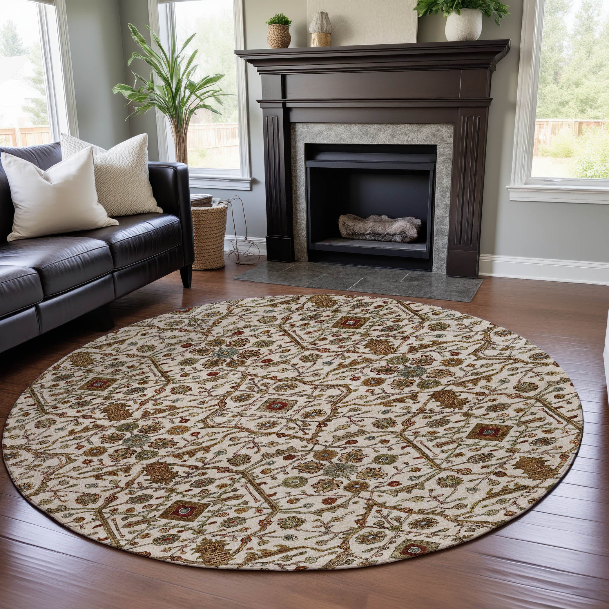 Sarajevo Machine Washable Transitional Ivory Rug 8' x 8' #shape_Round