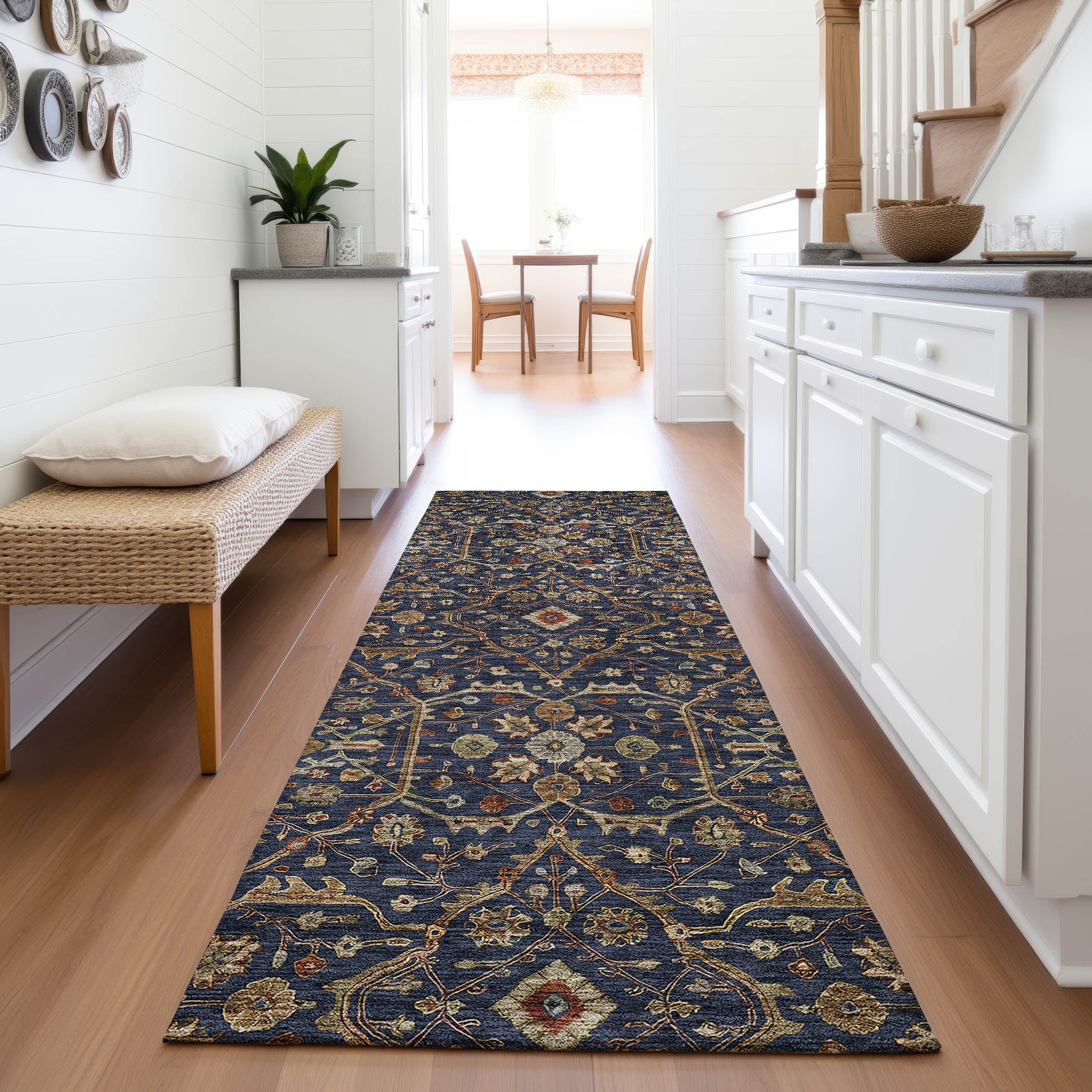 Sarajevo Machine Washable Transitional Navy Blue Rug 2'3" x 7'6" #shape_Runner