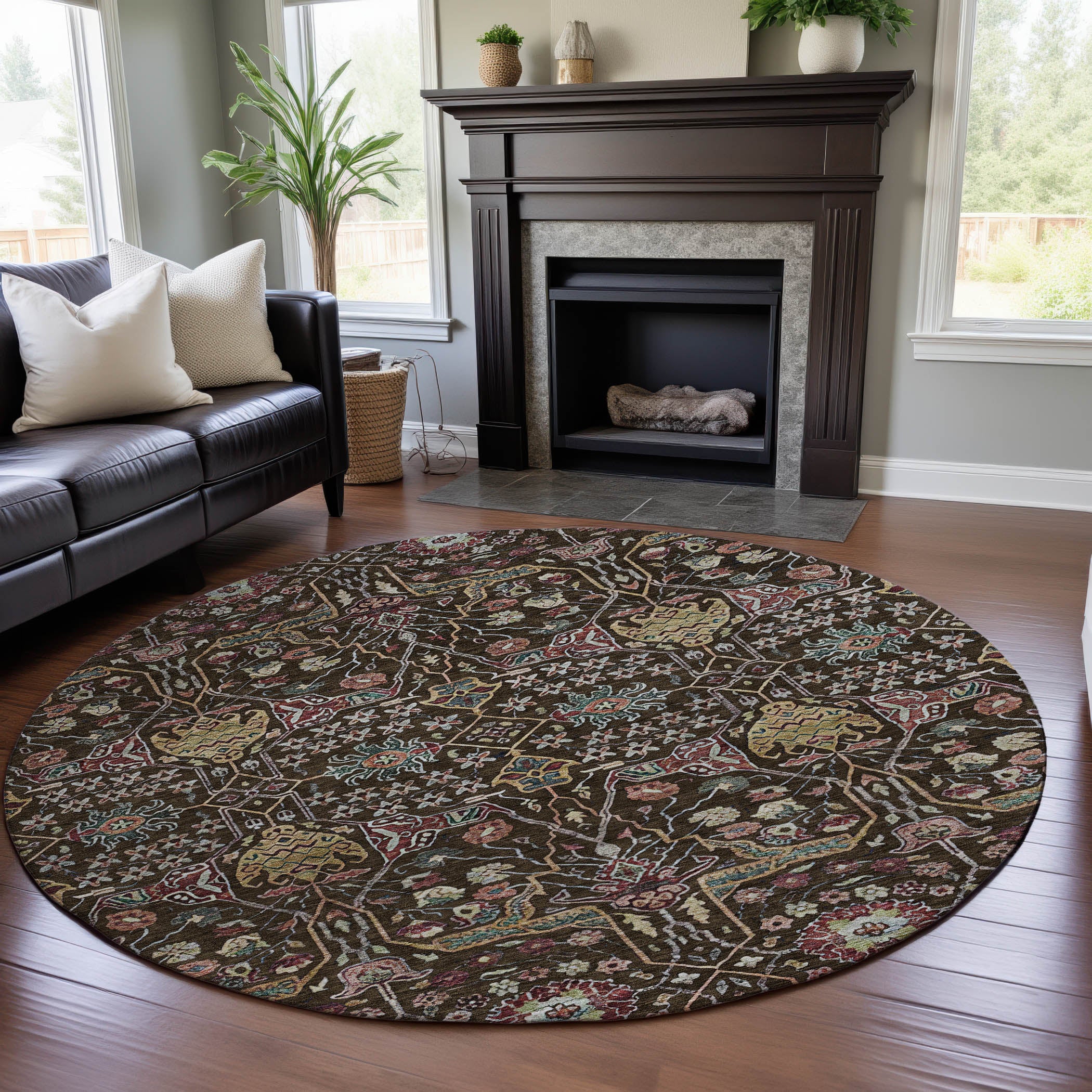 Sarajevo Machine Washable Transitional Chocolate Brown Rug 8' x 8' #shape_Round