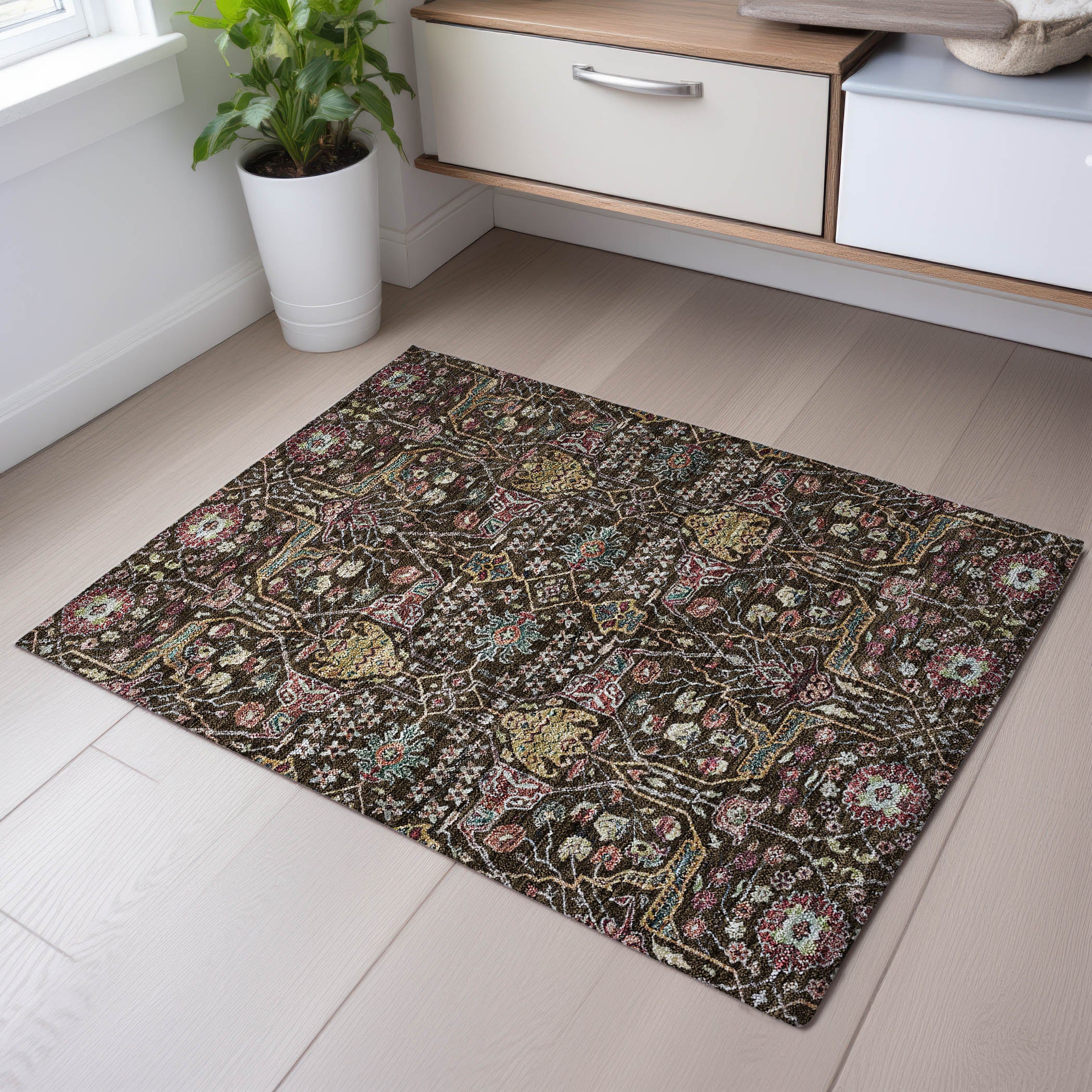 Sarajevo Machine Washable Transitional Chocolate Brown Rug 1'8" x 2'6" #shape_Rectangle