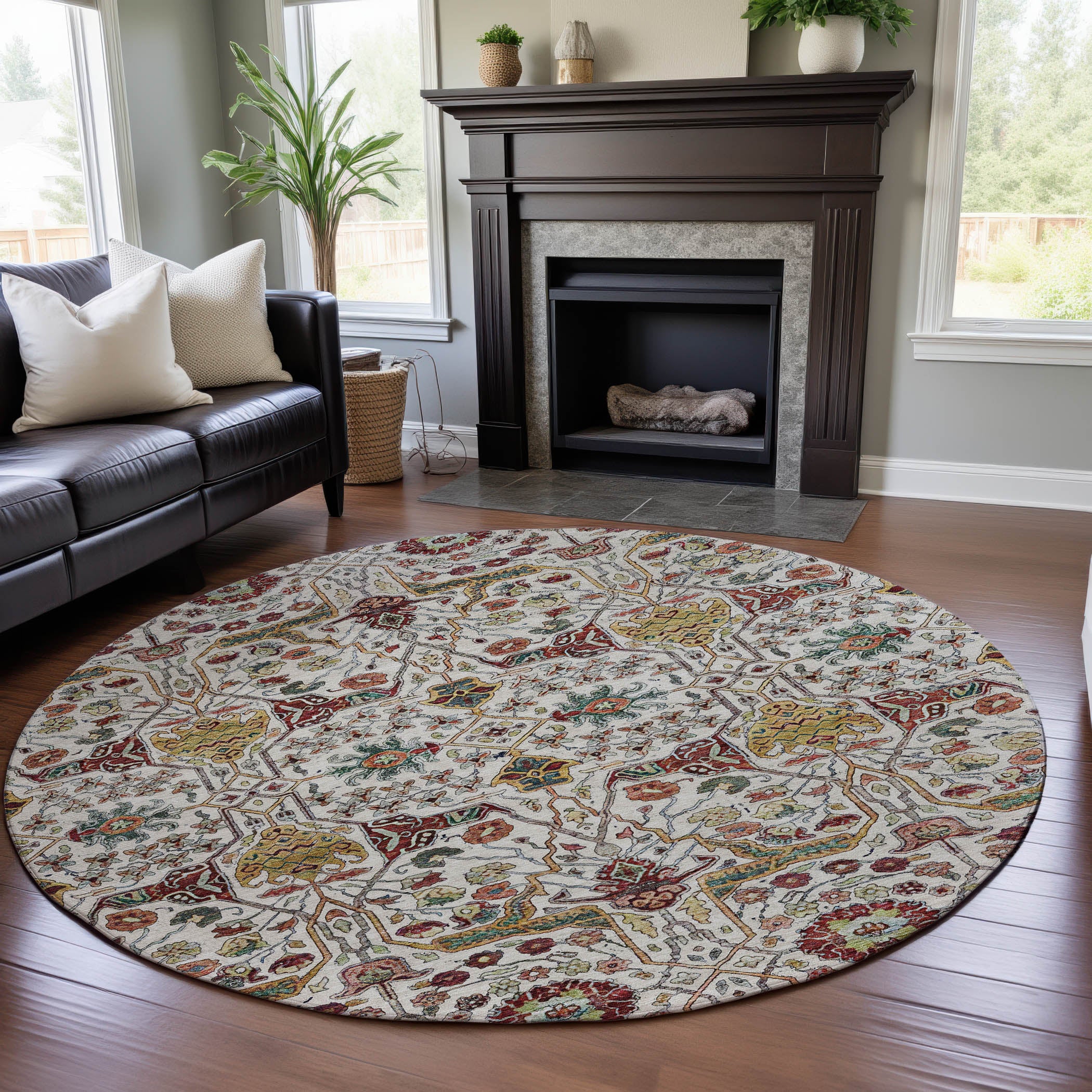 Sarajevo Machine Washable Transitional Ivory Rug 8' x 8' #shape_Round