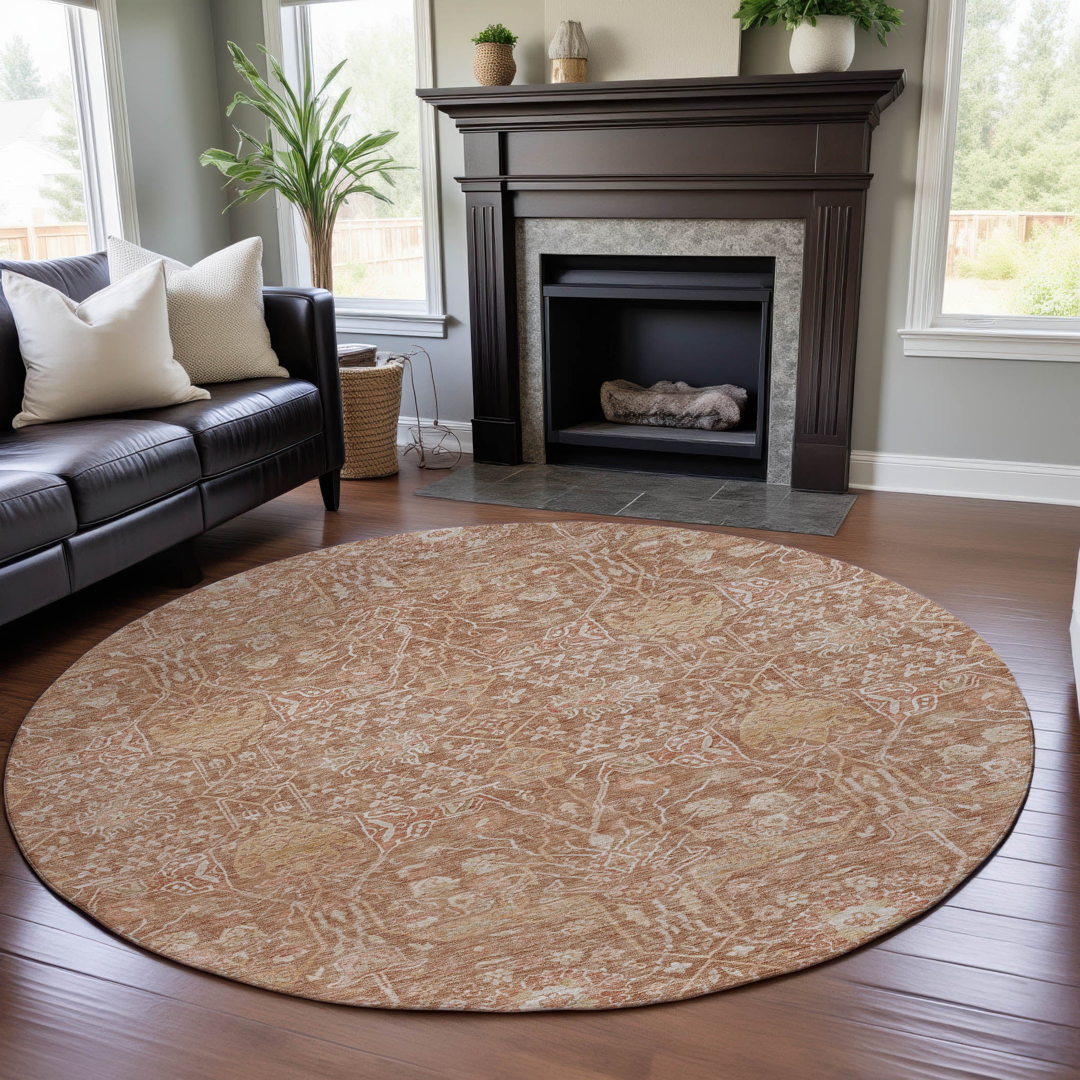 Lucerne Machine Washable Transitional Coral Orange Rug 8' x 8' #shape_Round