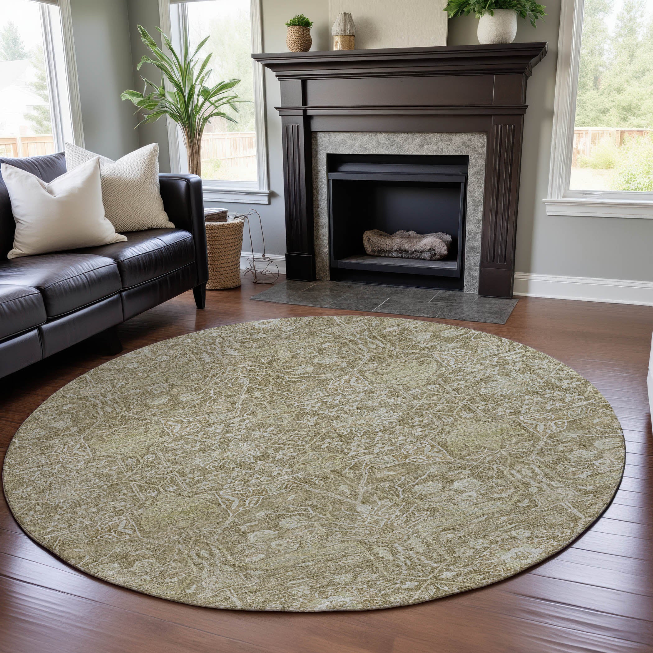 Lucerne Machine Washable Transitional Taupe Brown Rug 8' x 8' #shape_Round
