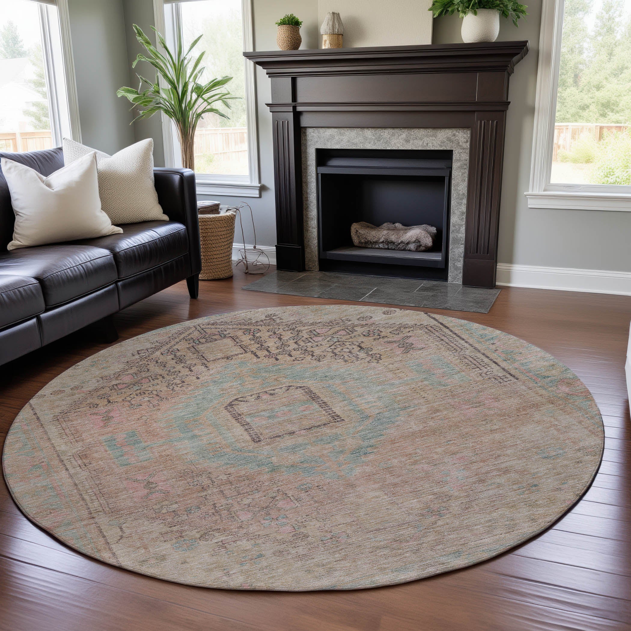 Colombo Machine Washable Traditional Pink Rug 8' x 8' #shape_Round